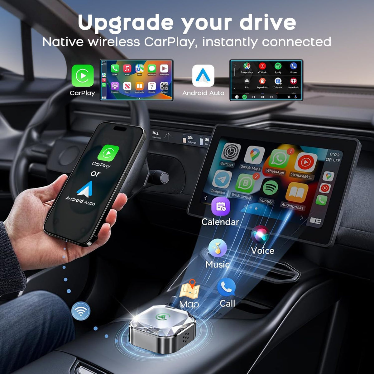 2026 Mini Android Auto Wireless Adapter 2 in 1 Adapter - Converts Wired to Wireless Car Play Dongle, 5.8GHz Fast Bluetooth Receiver for 2016+ Vehicles, Plug & Play Auto Connect (USB-A/C)