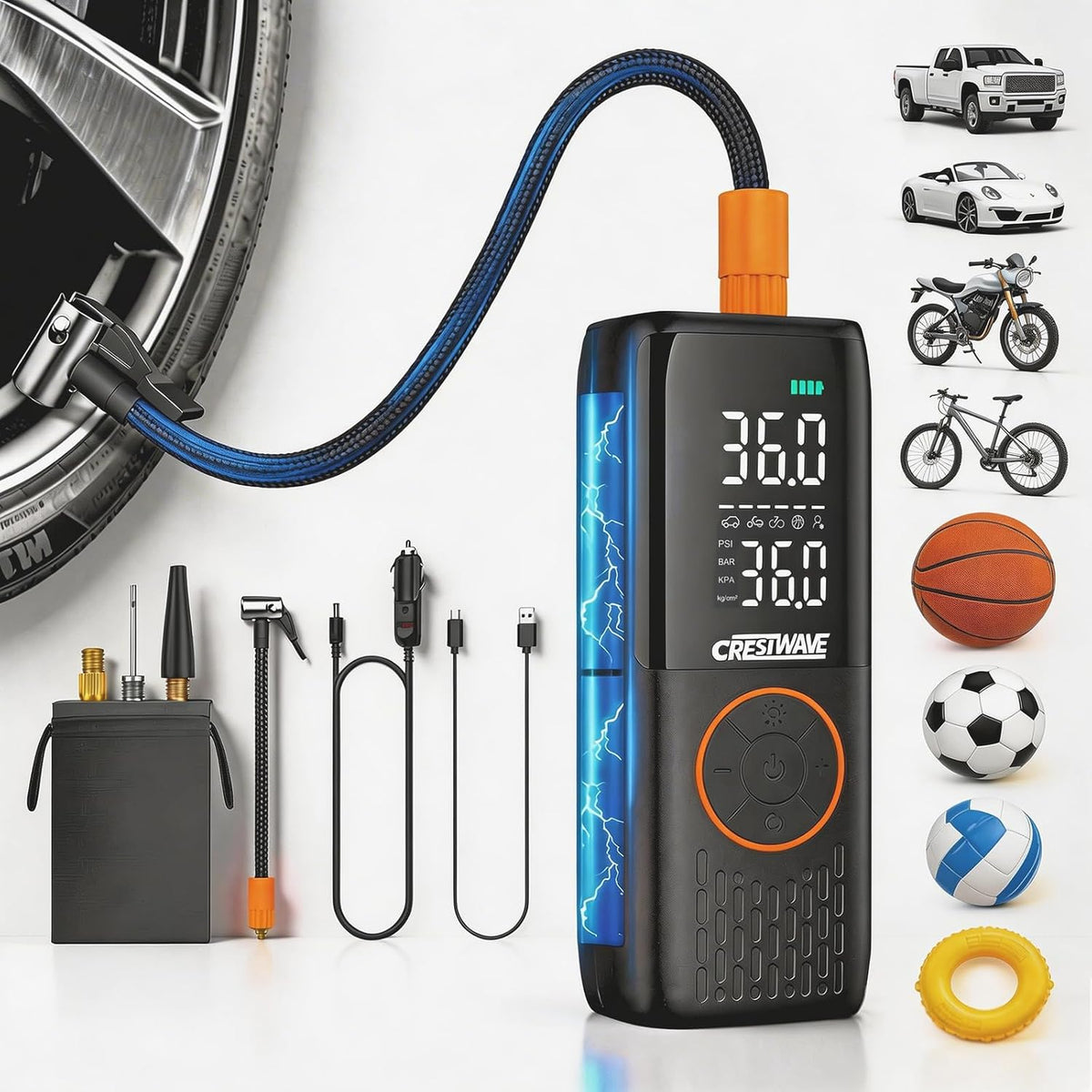 CrestWave Tire Inflator Cordless Dual Power Portable Air Compressor
