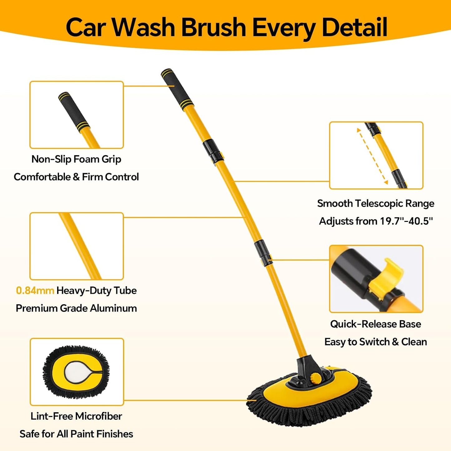 7-in-1 Car Wash Kit with 20L Folding Bucket & Brush – Car Wash Mop with Long Handle, 15° Curved Aluminum Pole for SUV Roof, Car Washing Brushes & Cleaning Supplies, RVs-Yellow.