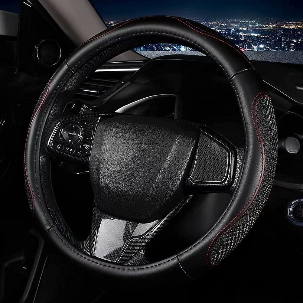 Microfiber Leather Steering Wheel Cover, Anti-Slip Soft Breathable, Full Surround Universal Fit 15 Inch (Red)