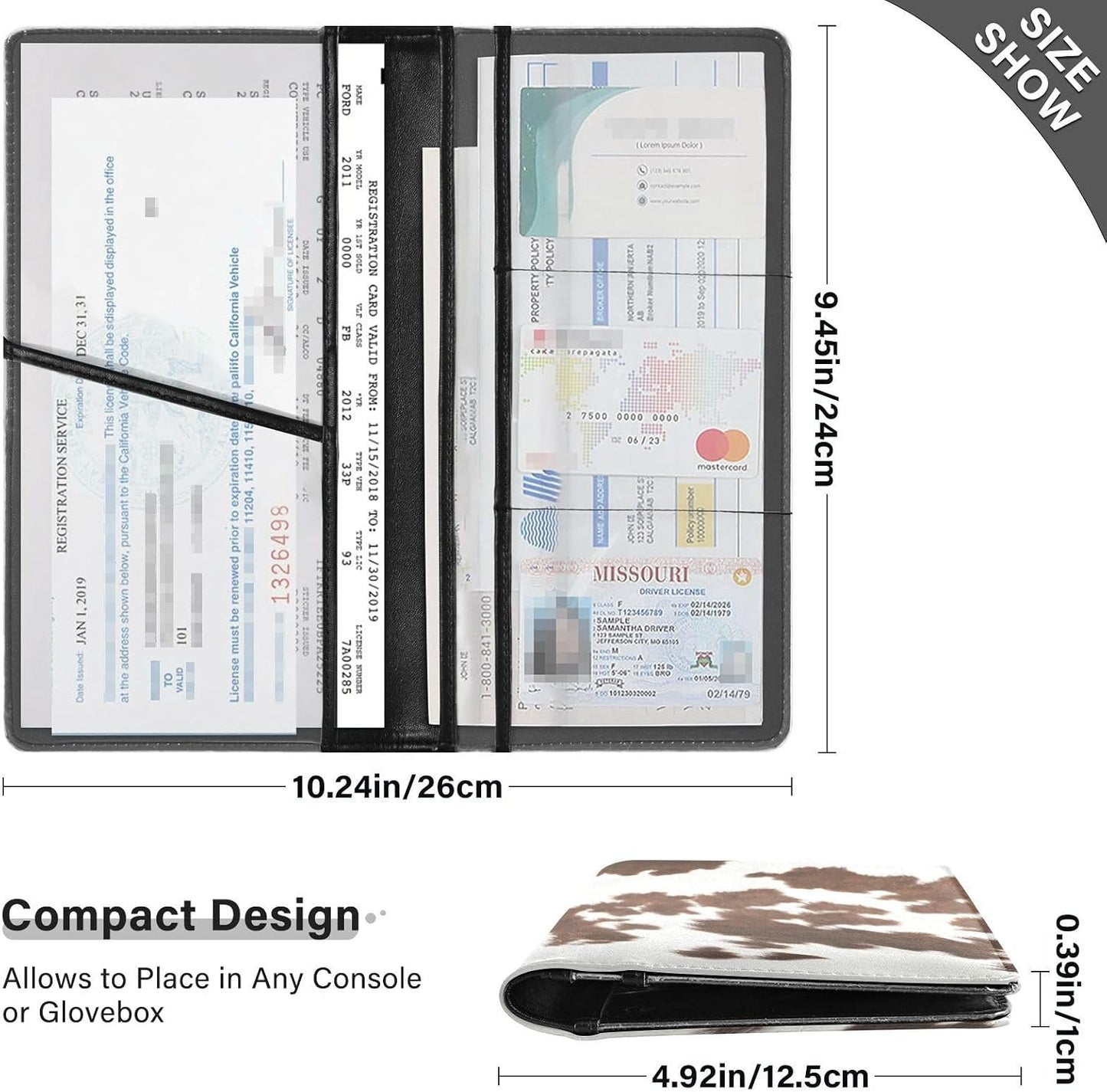 GuoChe Glove Box Organizer Car Registration and Insurance Holder Cow Print Texture Car Document Holder Auto Glove Compartment Essential