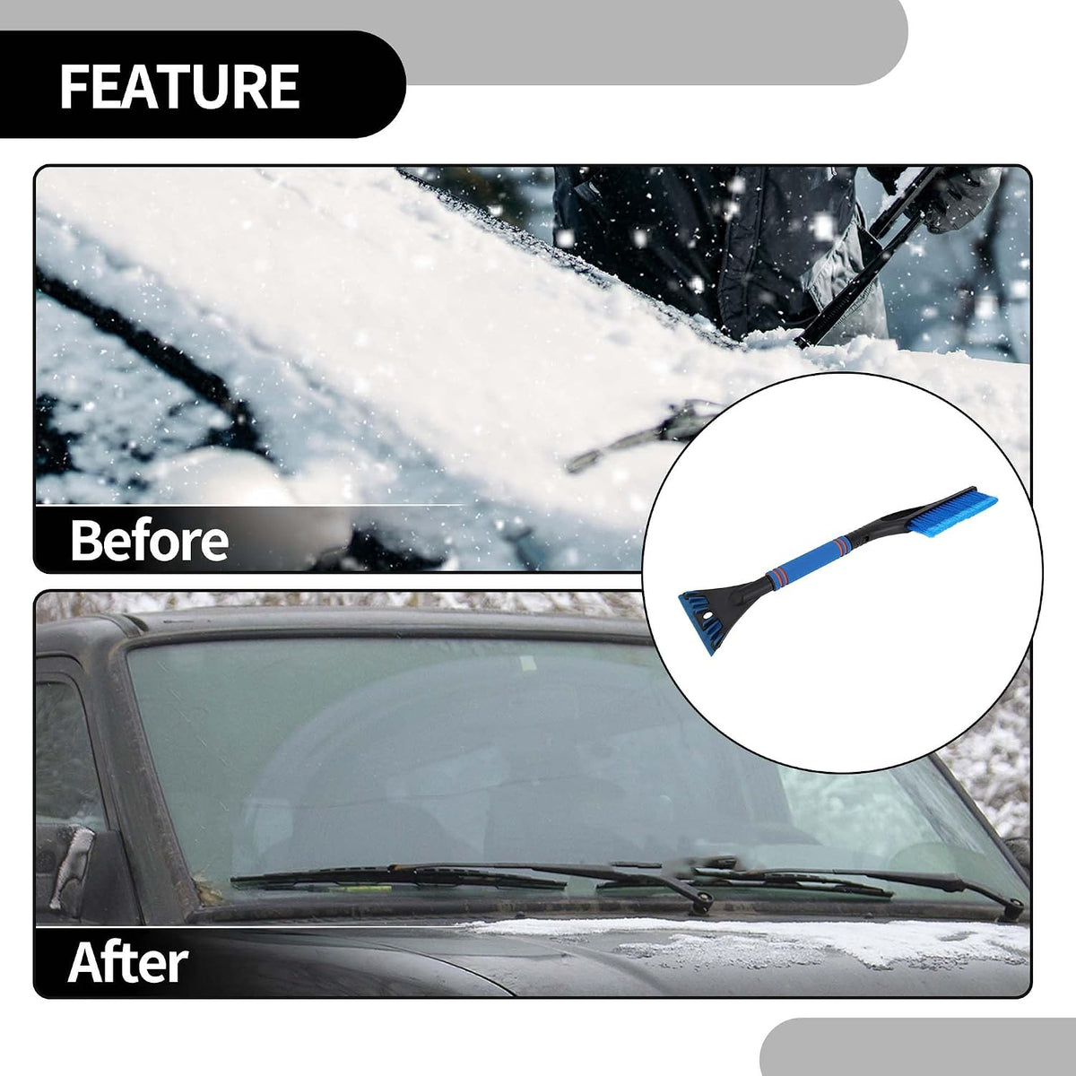 1pc 60x11cm Universal Car Ice Scraper Brush with Broom - SUV Snow Frost Remover for Car Truck RV Windscreen Side Window Anti Crash - Plastic Blue Snow Shoveling Defrost Clearing
