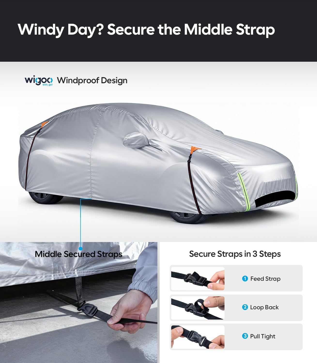 Wigoo Tesla Model 3 Car Cover Accessories (2017–2026), Custom Fit All-Weather Outdoor, Waterproof UV Sun & Heat Protection, Ventilated Design, Windproof, Smooth Paint-Safe Lining, Charging Port Zipper