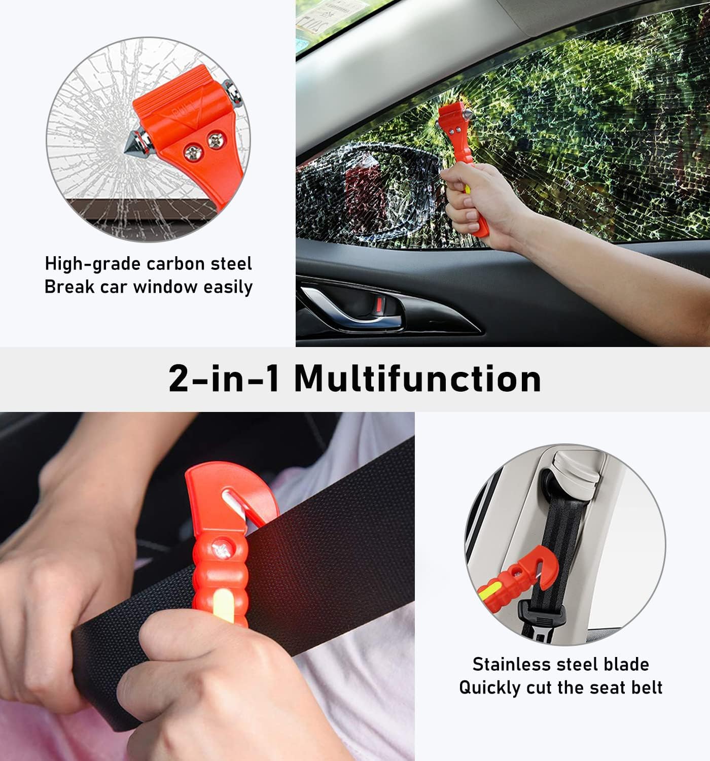 Car Safety Hammer 4 Pack, Car Window Glass Breaker and Seat Belt Cutter Car Emergency Escape Tool with Light Reflective Tape for Family Rescue, Life Saving Survival Kit