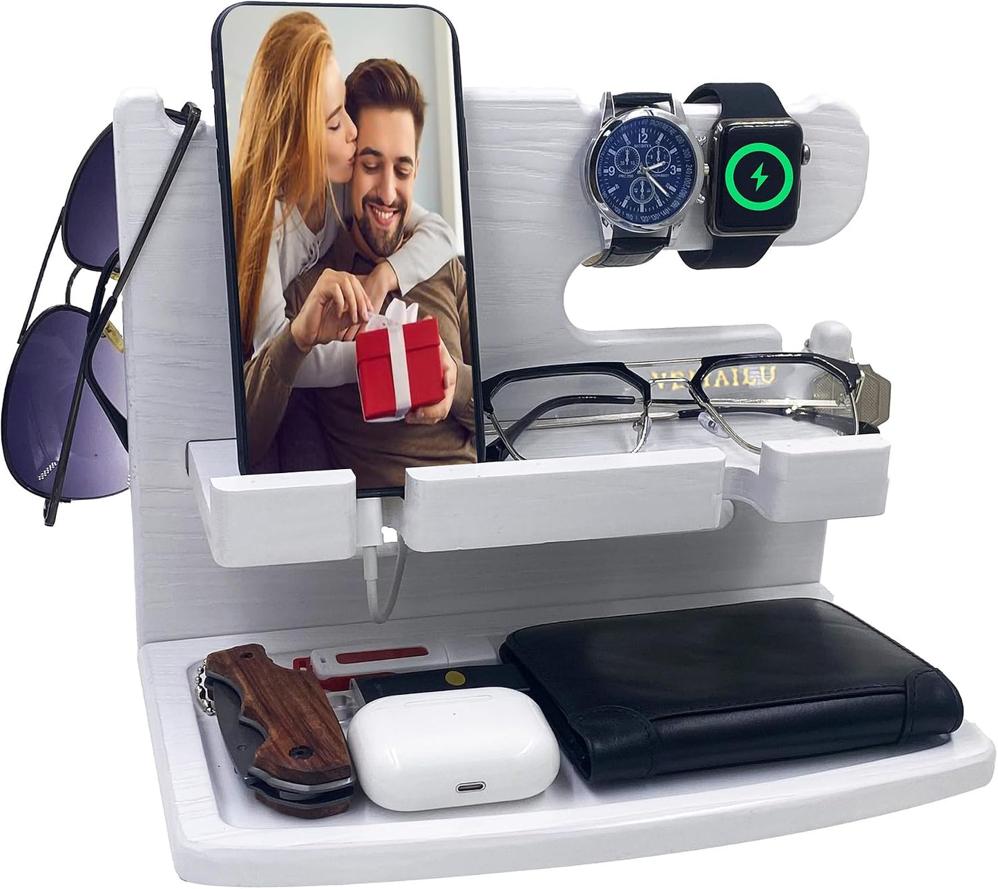 VEIYAILU Gifts for Women Girlfriend Him Men Dad Husband Boyfriend Nightstand Organizer Wood Phone Docking Station(White)