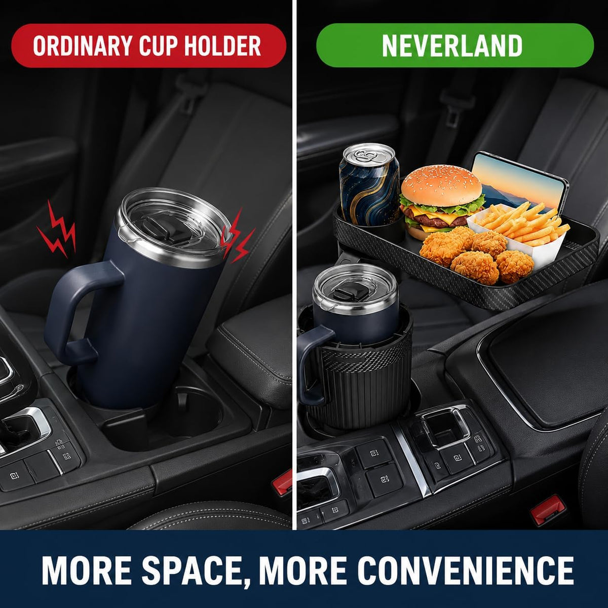 NEVERLAND Car Cup Holder Expander with Tray - 3-in-1 Car Food Tray & Table for Eating - 10" Rotating Surface with Phone Holder - Fits Yeti, Stanley, Owala up to 64 oz - Black Road Trip Essentials