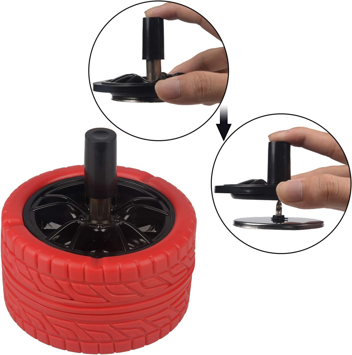 ONE250 Round Car Tire Shape Push Down Stainless Steel Modern Tabletop Cigarette Ashtray with Spinning Tray, Cigarette Ashtray for Indoor or Outdoor Use (Red, Black Wheel Rim)