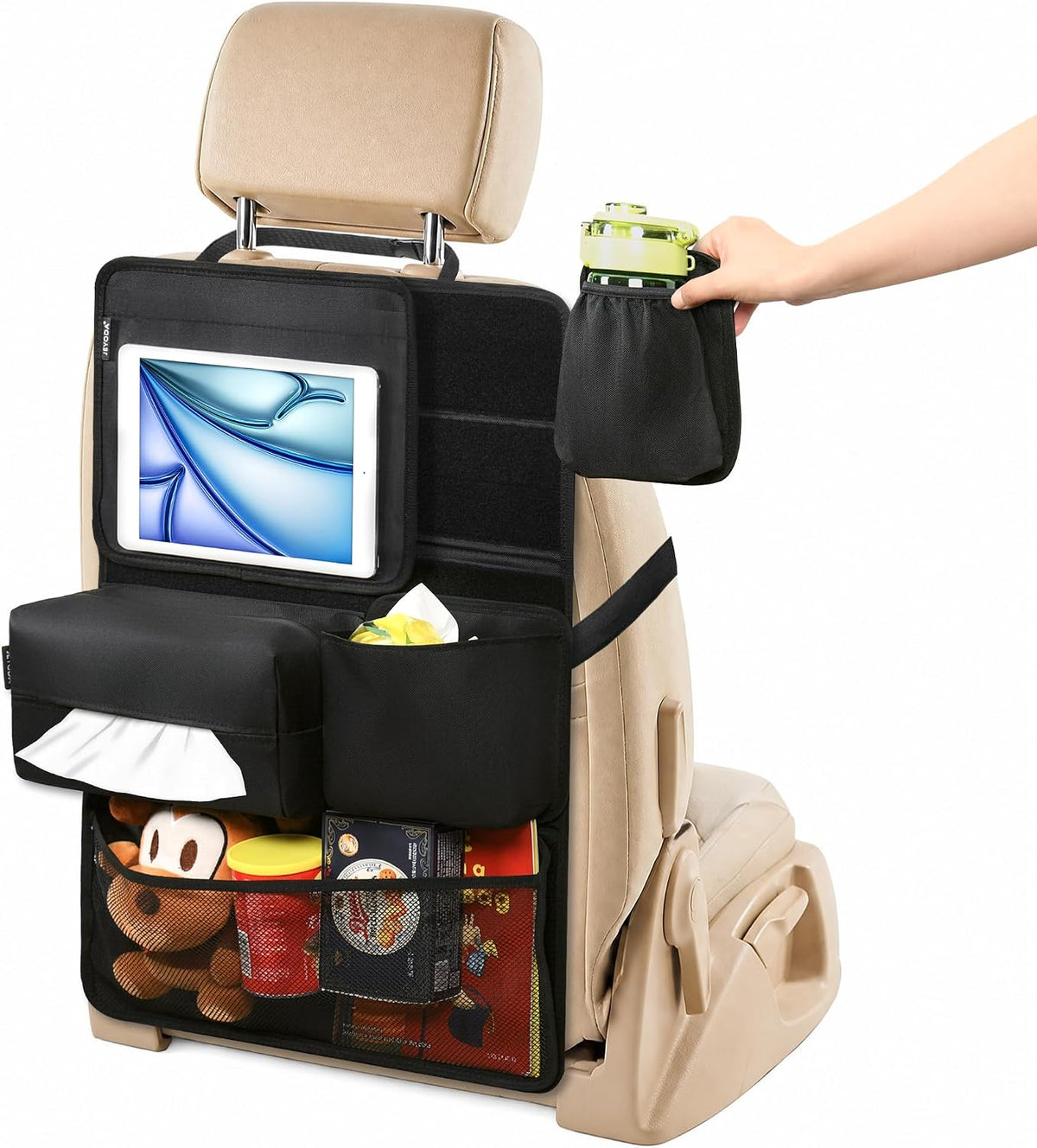 JEYODA Hook and Loop Backseat Car Organizer, Back Seat Storage Bag Kick Mats with Touch Screen Tablet Holder for Kids, Designed for Easy Removal, Installation and Cleaning (Standard Set(6 Piece))