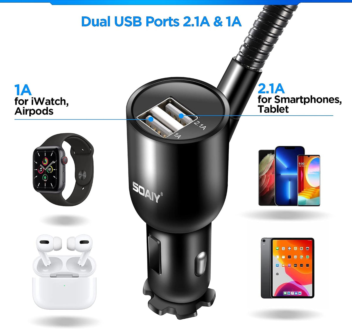 3-in-1 Cigarette Lighter Car Mount + Voltage Detector (Not for Center Console & Window), Dual USB 3.1A Charger with Adjust Gooseneck & 360° Rotating Car Mount Cradle for 1.7-3.7inch Width Phones