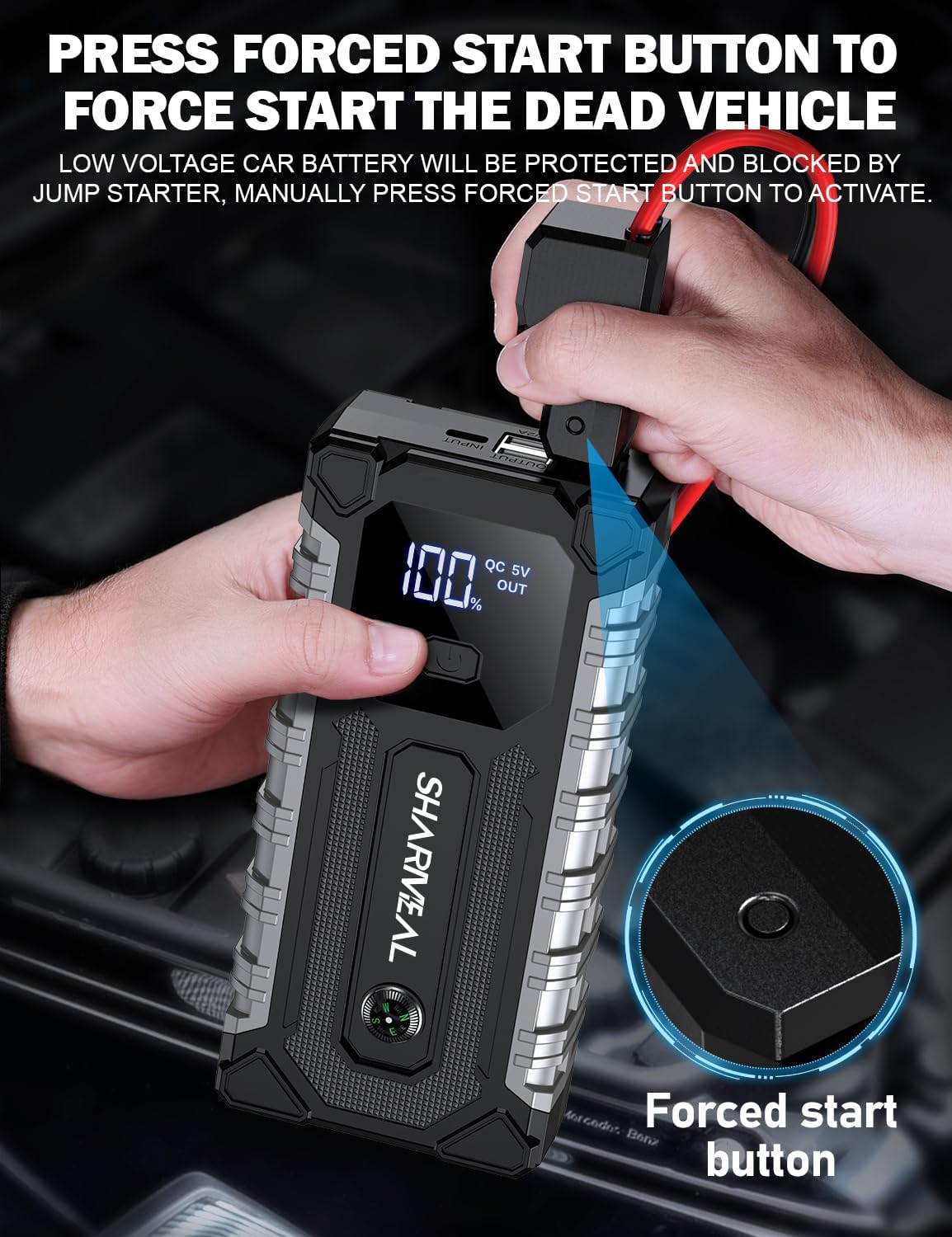 Sharmeal Car Jump Starter 7000A, Jump Starter Battery Pack for All Gas and 12.0L Diesel, 12V Portable Jump Box with LED Light