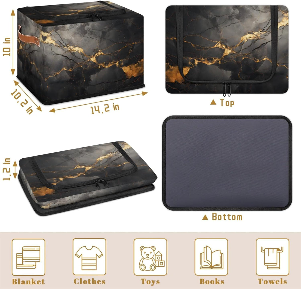 Black Gold Marble Storage Bins With Zipper Lid, Collapsible Trunk Organizer, Car Organizers and Storage Bins with Lids, Decorative Storage Boxes with Handle, Home Storage Baskets For Organizing