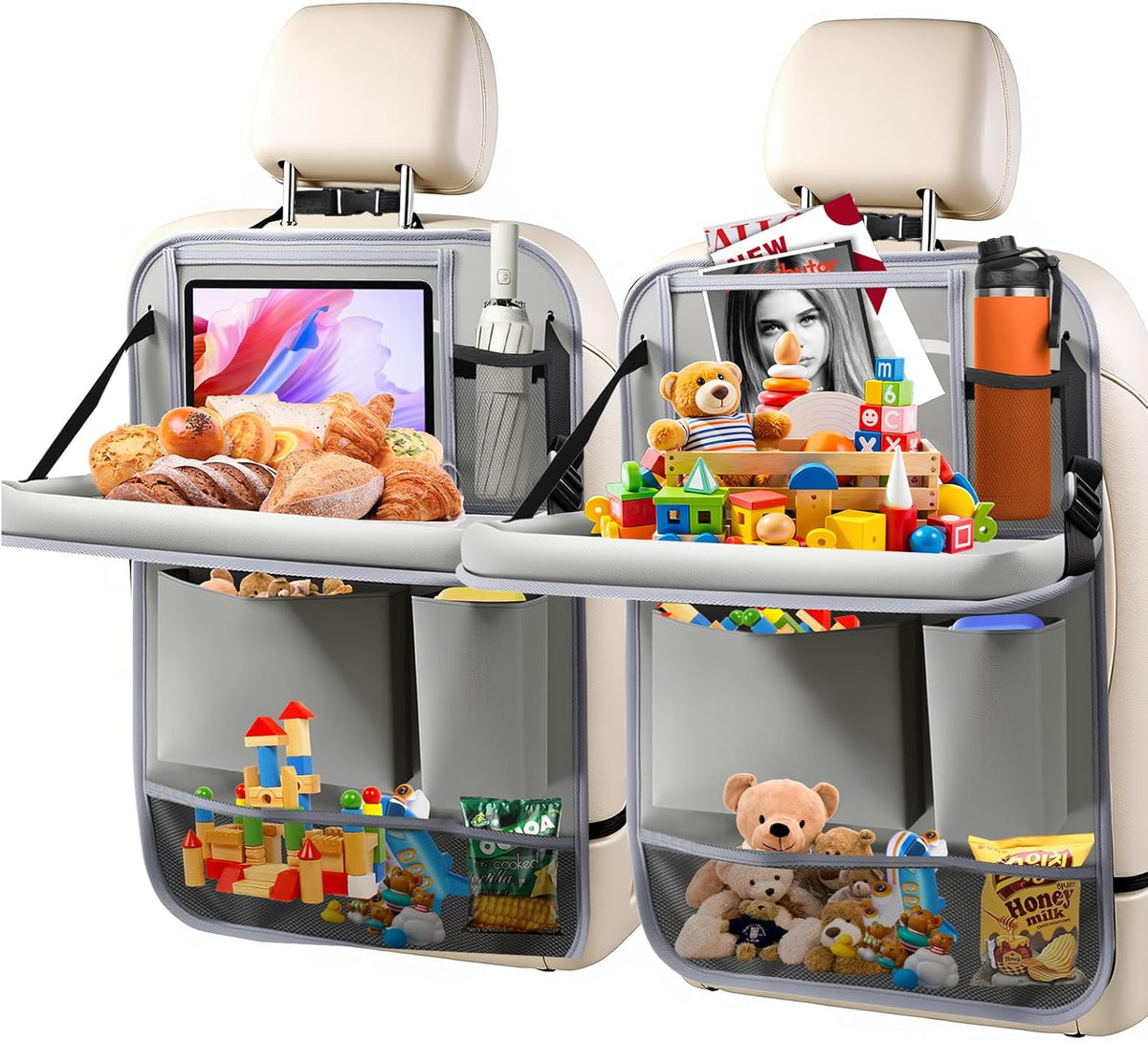 2Pack Car Backseat Organizer with Foldable Table Tray Grey