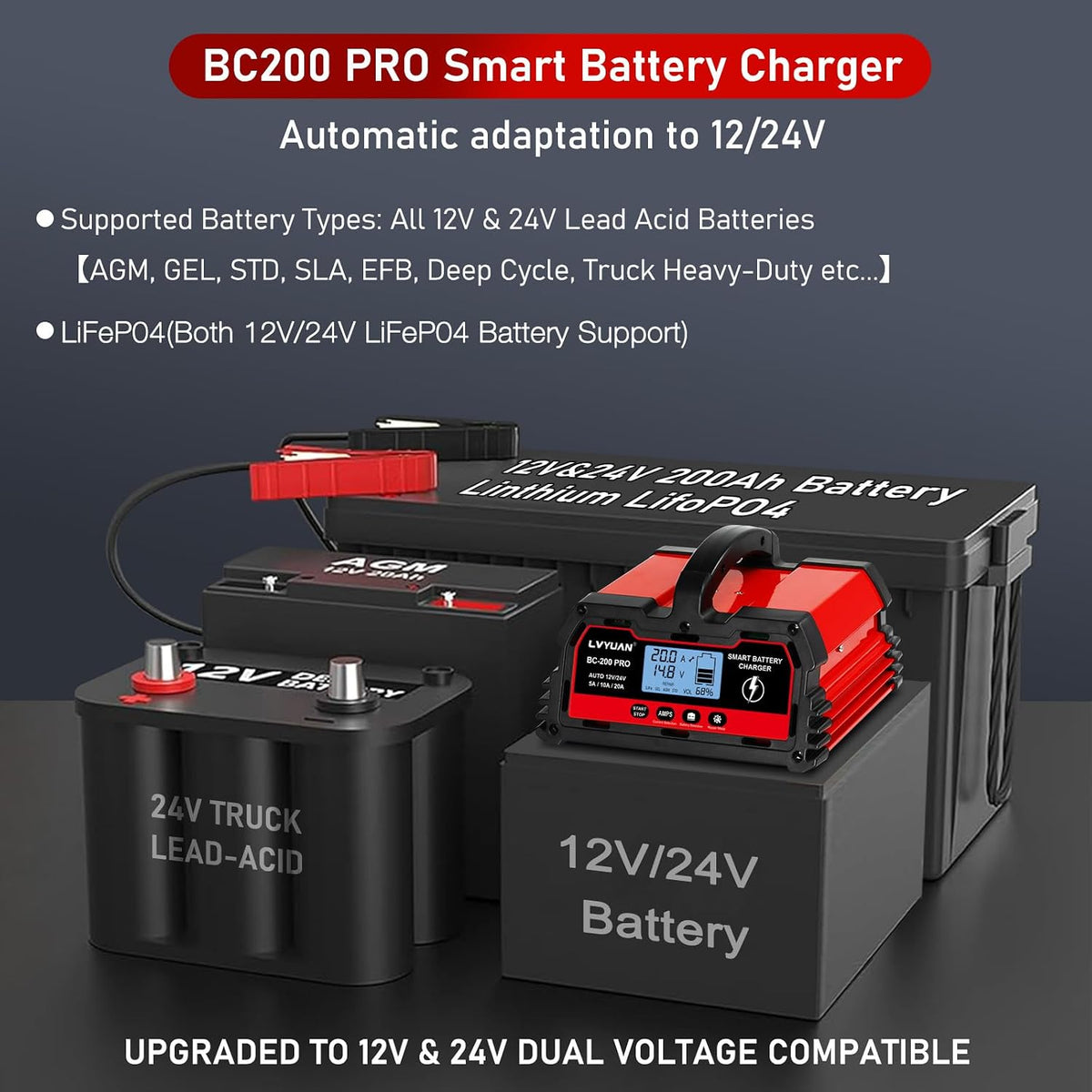 LVYUAN 20A Smart Car Battery Charger, 12V and 24V Automotive Charger