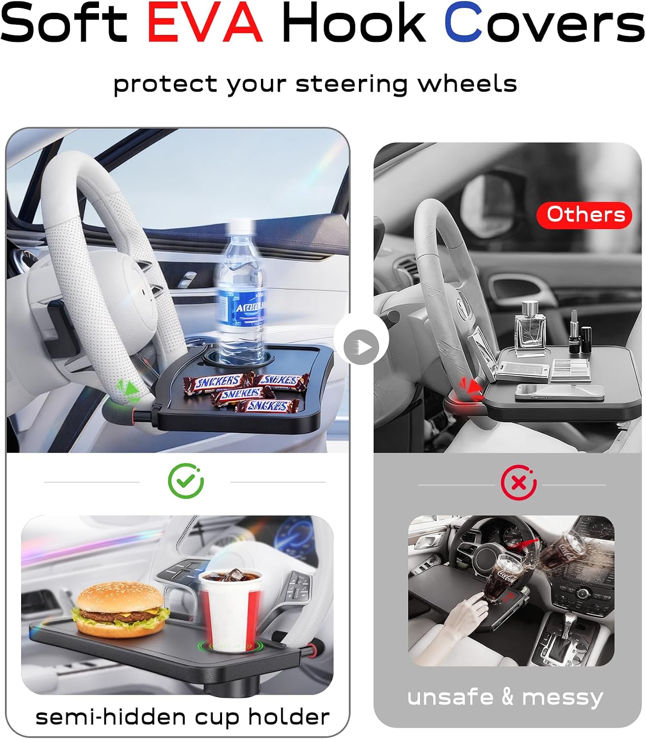 Car Steering Wheel Tray for Drivers Steering Wheel Tray for Dining, Mobile Office & Travel Food with Cup Holder, Scratch-Free EVA Hook Covers, 2-in-1 Desk Table for Car - Black