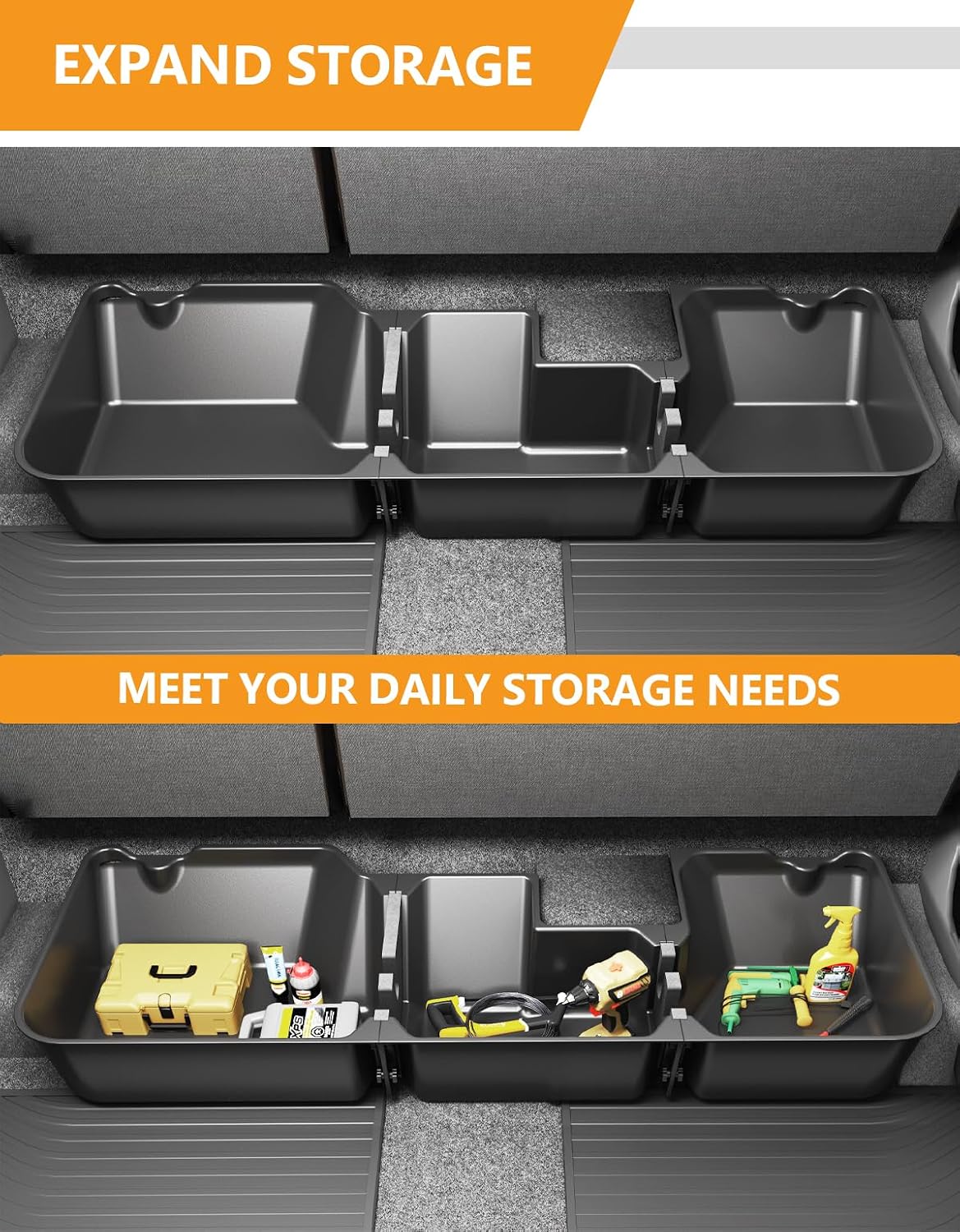 KINGGERI Under Seat Storage Boxes - Compatible with 2019-2026 Dodge Ram 1500 Crew Cab (Not for Classic), Heavy Duty Upgraded Rear Under Back Seat Storage Truck Cargo Black Tool Box Organizer
