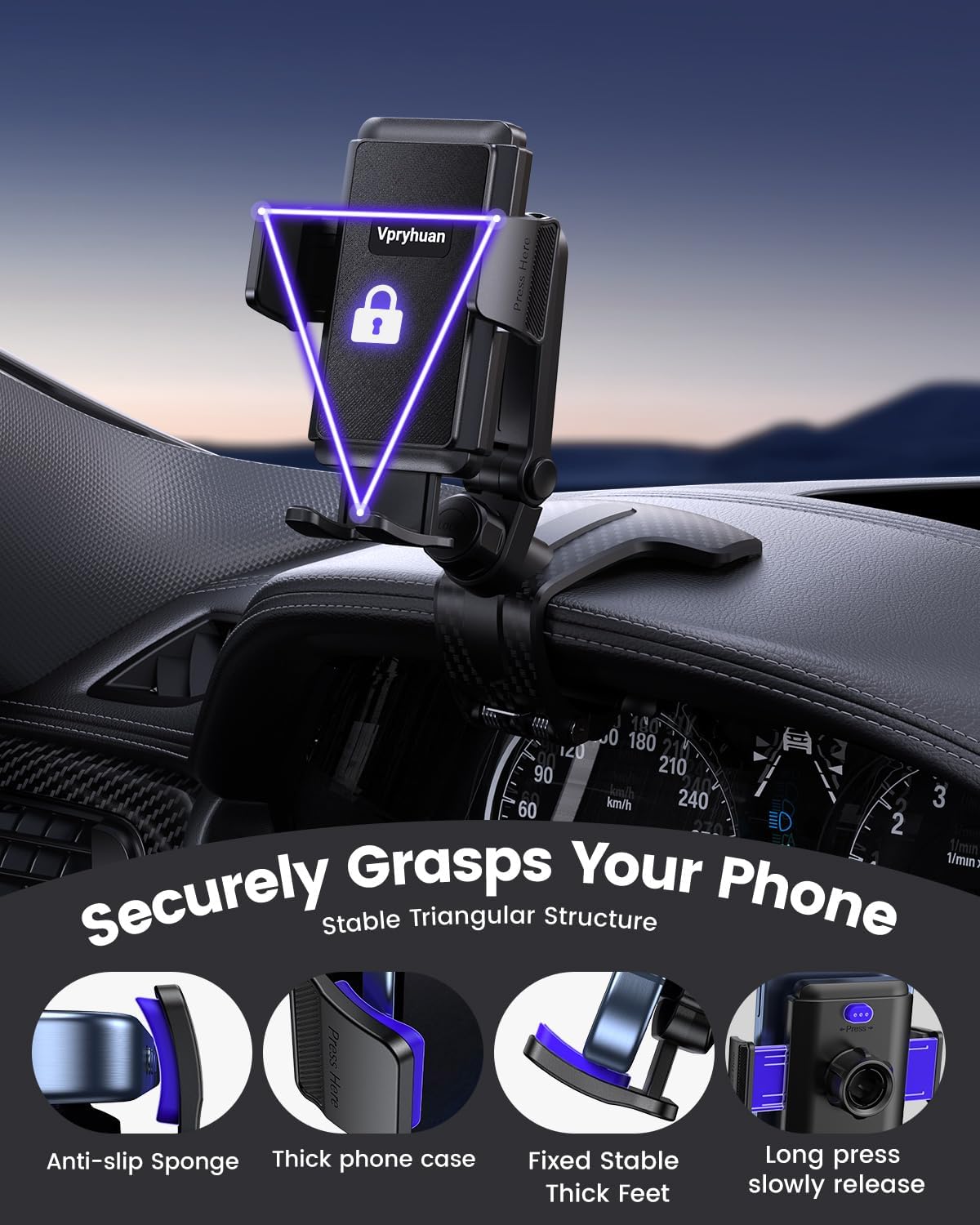 Dashboard Car Phone Holder Mount with Anti-Drop Clip - 360° Rotation Multifunctional Cell Phone Holder Car for iPhone, Samsung, Google and 4-7" Cellphones