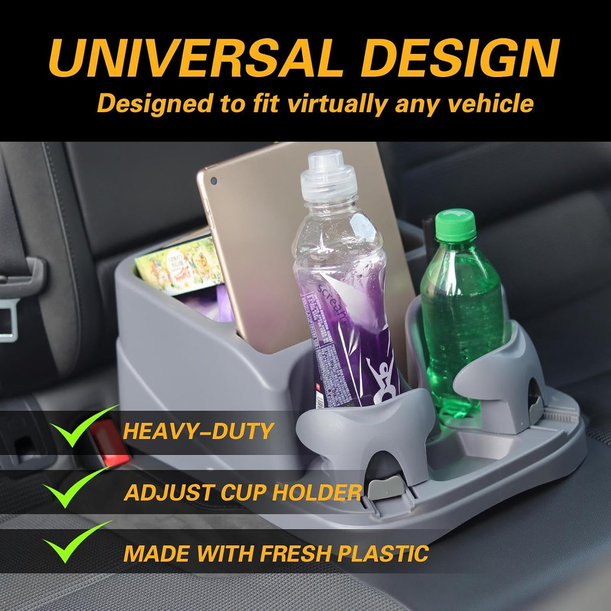 Large Size Plastic Console for Cars, Trucks, Minivans, SUVs with 2 Adjustable Drink Cup Holders Pad Book Holder, Back Bench and Front Seat or Floor Middle Console Universal Vehicle Organizer Grey