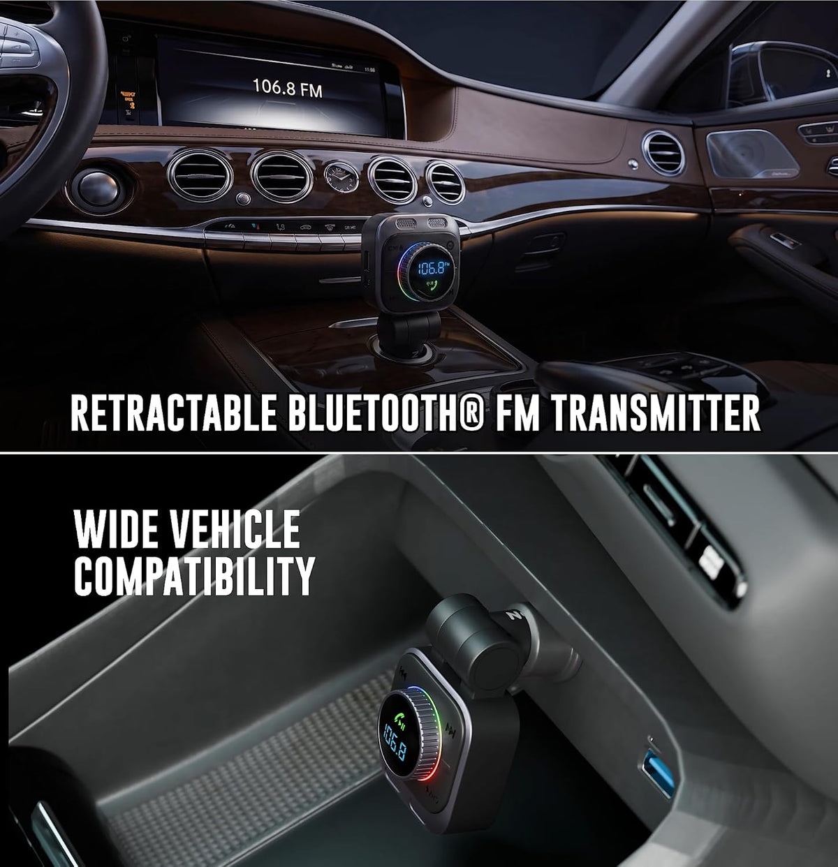 TRON TR128 72W Bluetooth 5.4 FM Transmitter Car Charger, Retractable USB-C Cable, Hands-Free Calling, Hi-Fi Bass, USB-C& A Ports, 12V-24V Compatible