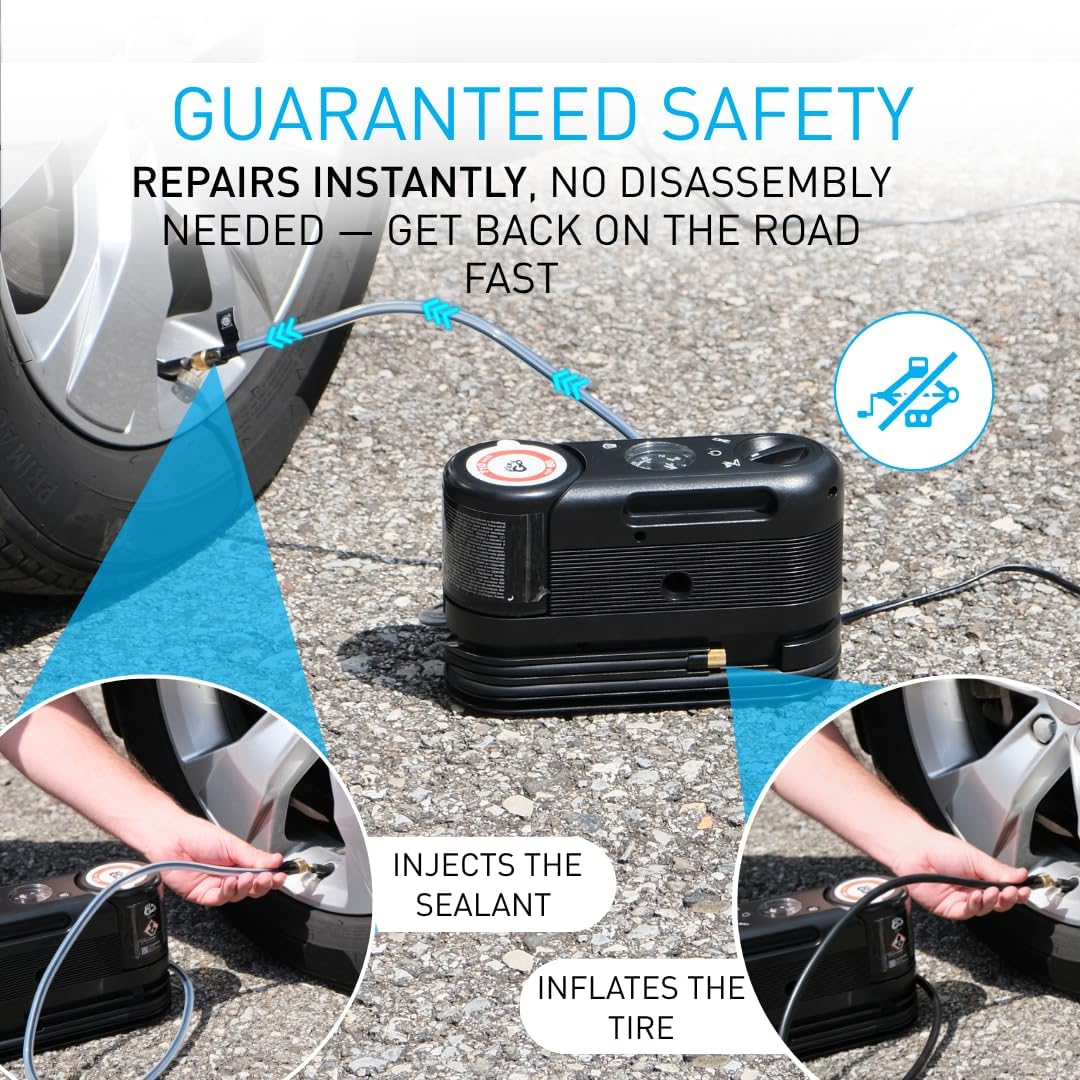 Fix&Go Sensor Tire Repair Kit with 12V Portable Air Compressor – TPMS Safe Eco-Friendly Tire Sealant – Flat Tire Repair kit for Cars, SUVs & Electric Vehicles – Swiss Engineered