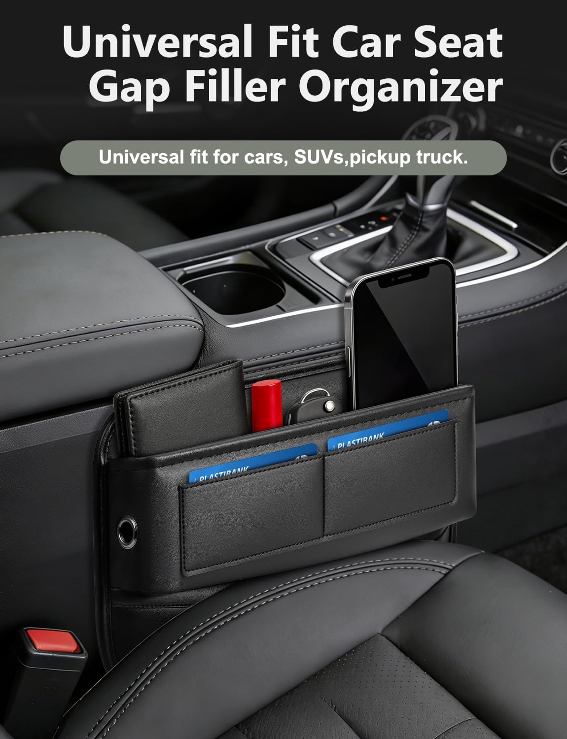 2 Pack Car Universal Fit Seat Gap Filler Organizer, Premium Leather Front Car Gap Filler, Center Console Seat Side Organizer with Card Slots for Car, SUV Truck, Easy Access to Phone, Sunglasses, Key