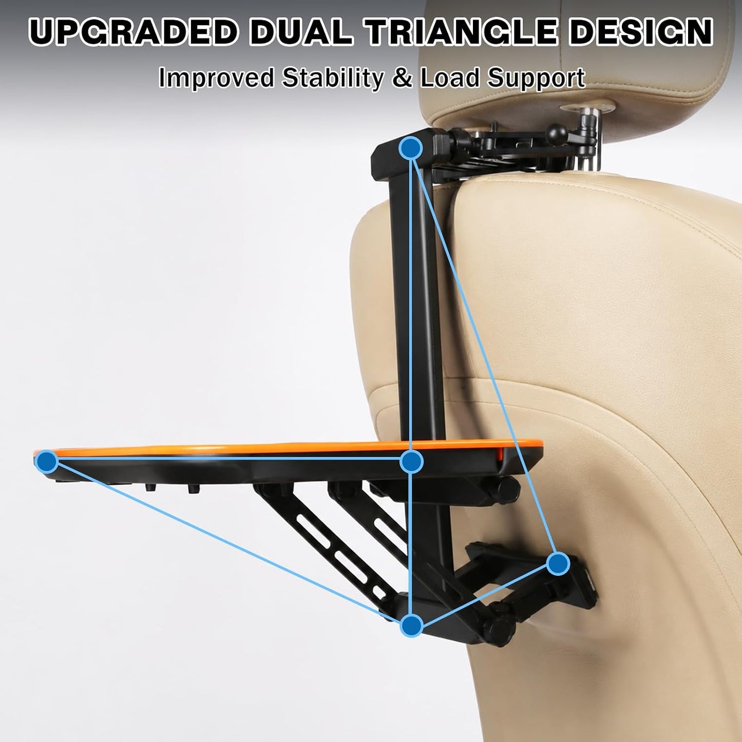 Large Car Tray Table for Back Seat, Foldable Car Desk for Laptop with Adjustable Height, Hidden Cup Holder & Phone Holder, Heavy Duty Travel Food Tray for Eating Working Road Trips (Orange)