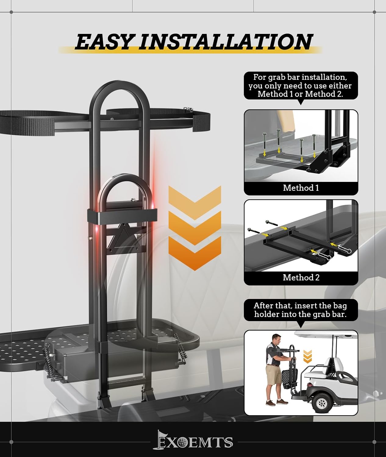 Universal Golf Cart Bag Holder & Grab Bar Combo, Foldable Golf Cart Rear Seat Bag Holder Rack & Safety Bar for Club Car EZGO Yamaha with Metal Pedal, Space-Saving, Convenience, Security, Easy Install