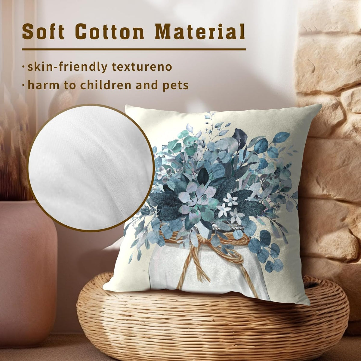 Eucalyptus Throw Pillow Covers 18x18 Set of 2, Rustic Winter Blue Leaves Greenery Vase Farmhouse Decorative Pillow Cases Cotton Cushion Cover for Home Sofa Couch Decor
