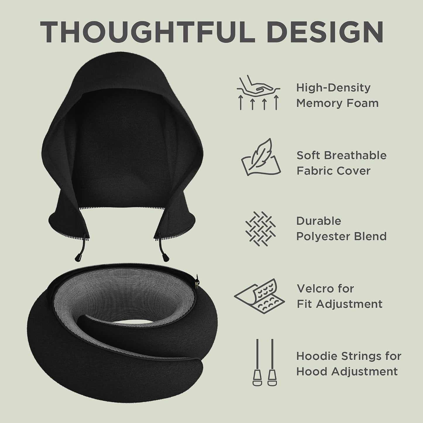 Dot&Dot Travel Pillow Neck Pillow with Hood for Airplane Sleeping, Memory Foam Pillow with Chin Support, Detachable Hoodie, Washable Cover, Adjustable Velcro Fit for Flights, Car & Office
