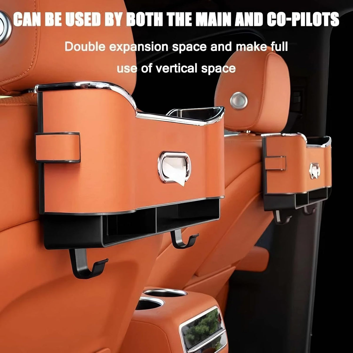 Multifunctional Car Backseat Organizer with Cup Holder, Tissue Box, Trash Bin & Hooks, 3-in-1 Back Seat Car Organizer for Hold Phones, Snacks, Drinks, and Handbags (Original Model - Orange)