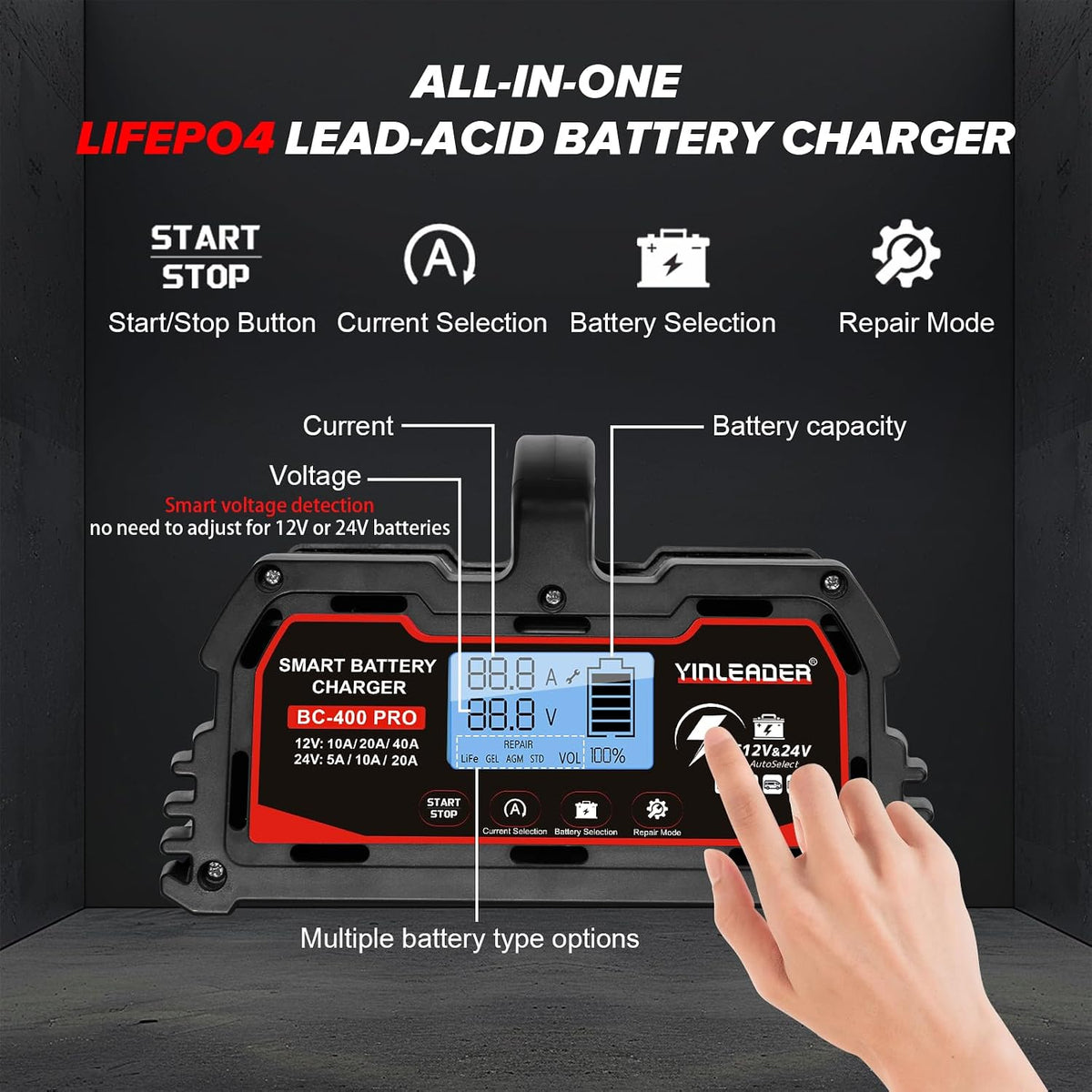 Battery Charger 40A, 12V/24V Lead Acid Smart Battery Charger, 12V LiFePO4 Car Battery Trickle Charger, Automatic Battery Maintainer for Car Motorcycle Lawn Mower Marine Boat Lead Acid Batteries