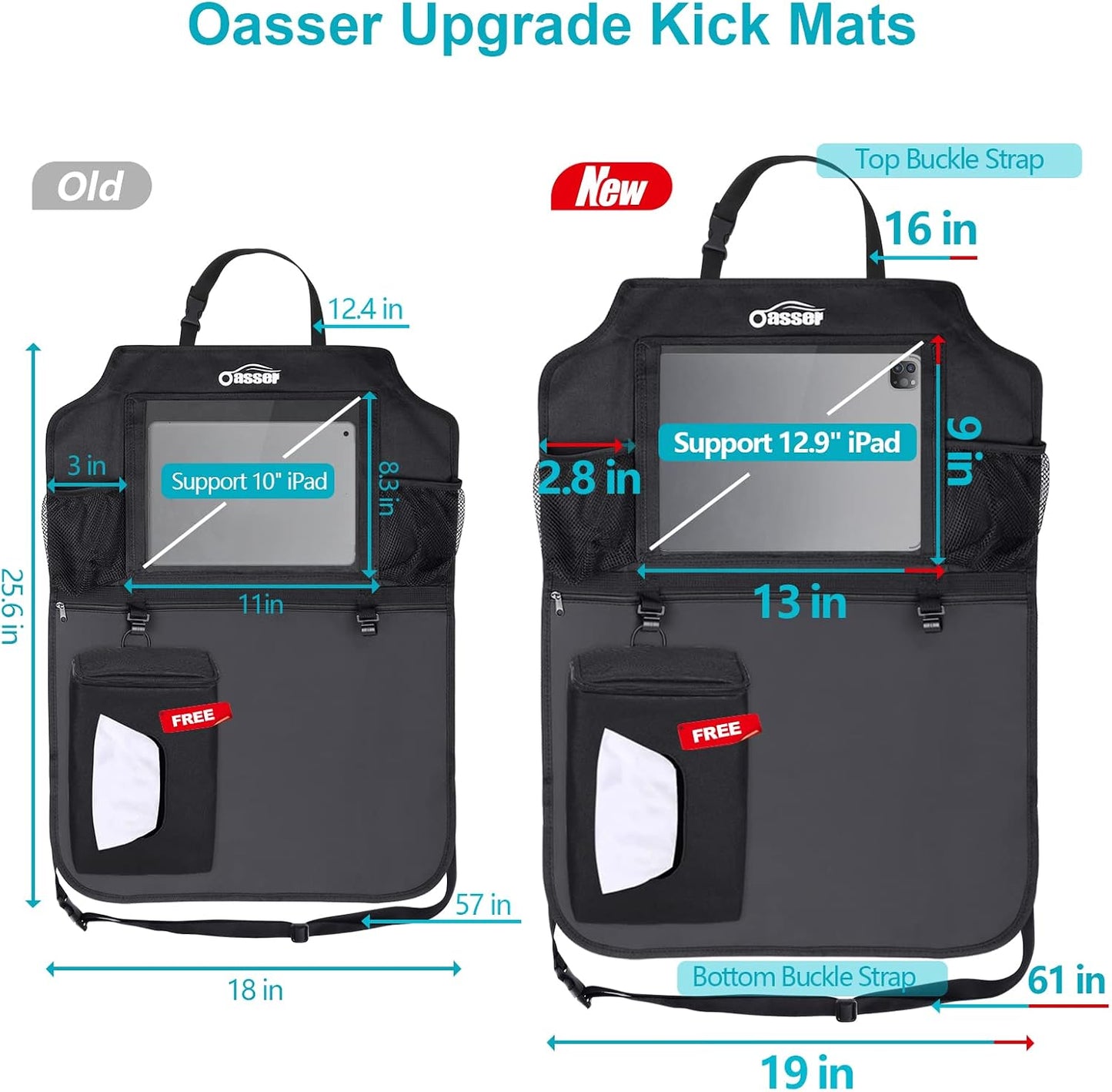Oasser Seat Back Protector Kick Mats Backseat Car Organizers | 2 Pack, 1 Tissue Box, 12.9" Touch Screen Tablet Holder, Large Back of Seat Protector and Storage for Kids, 8 Pockets, Black