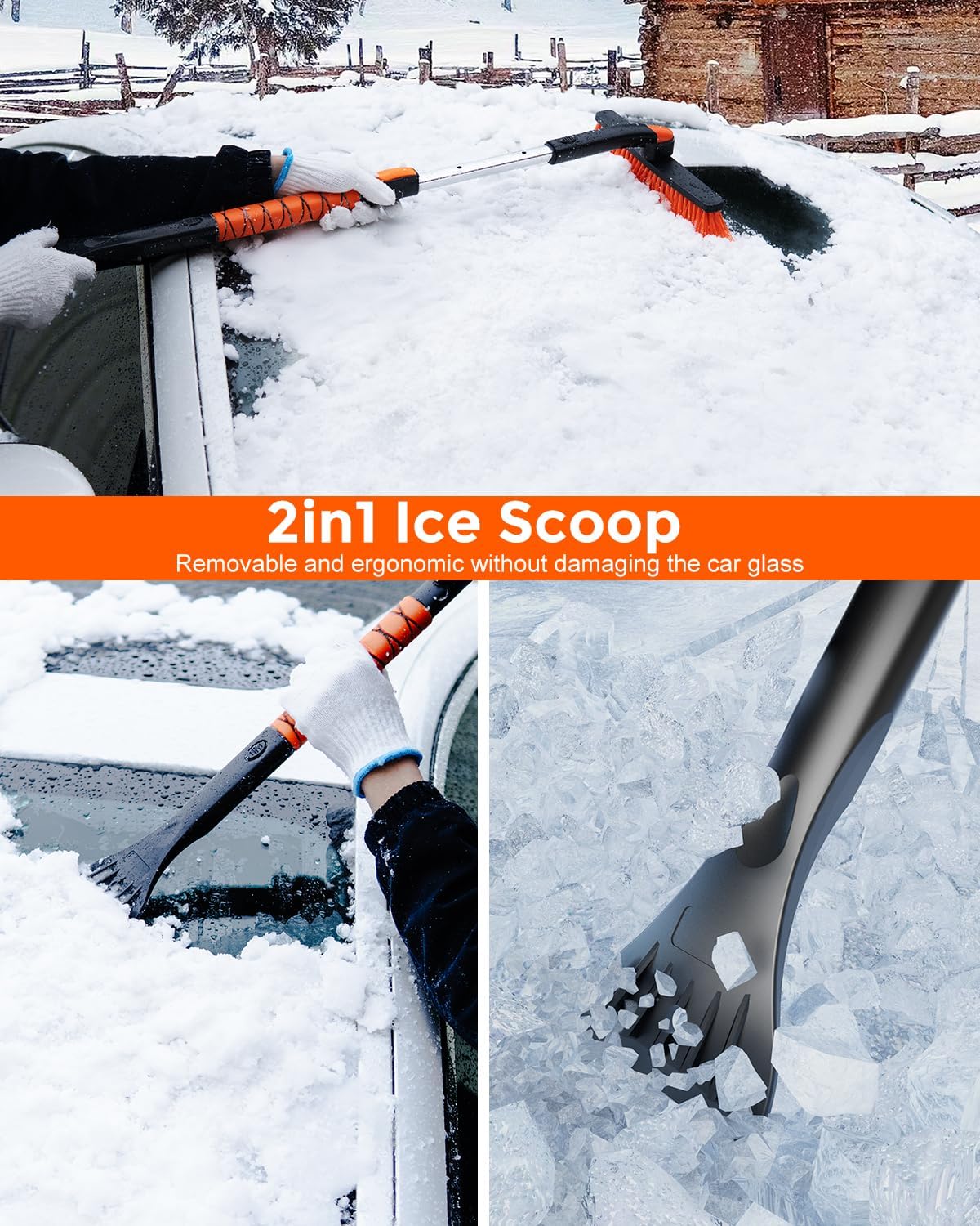 DooGooCoo [Upgrade] Ice Scraper &amp; Extendable Snow Brush for Car Windshield [Military-Grade Sturdy] - 360° Pivoting Brush Head with Silicone Grip for Effortless One-Swipe Clean on Auto (Large)
