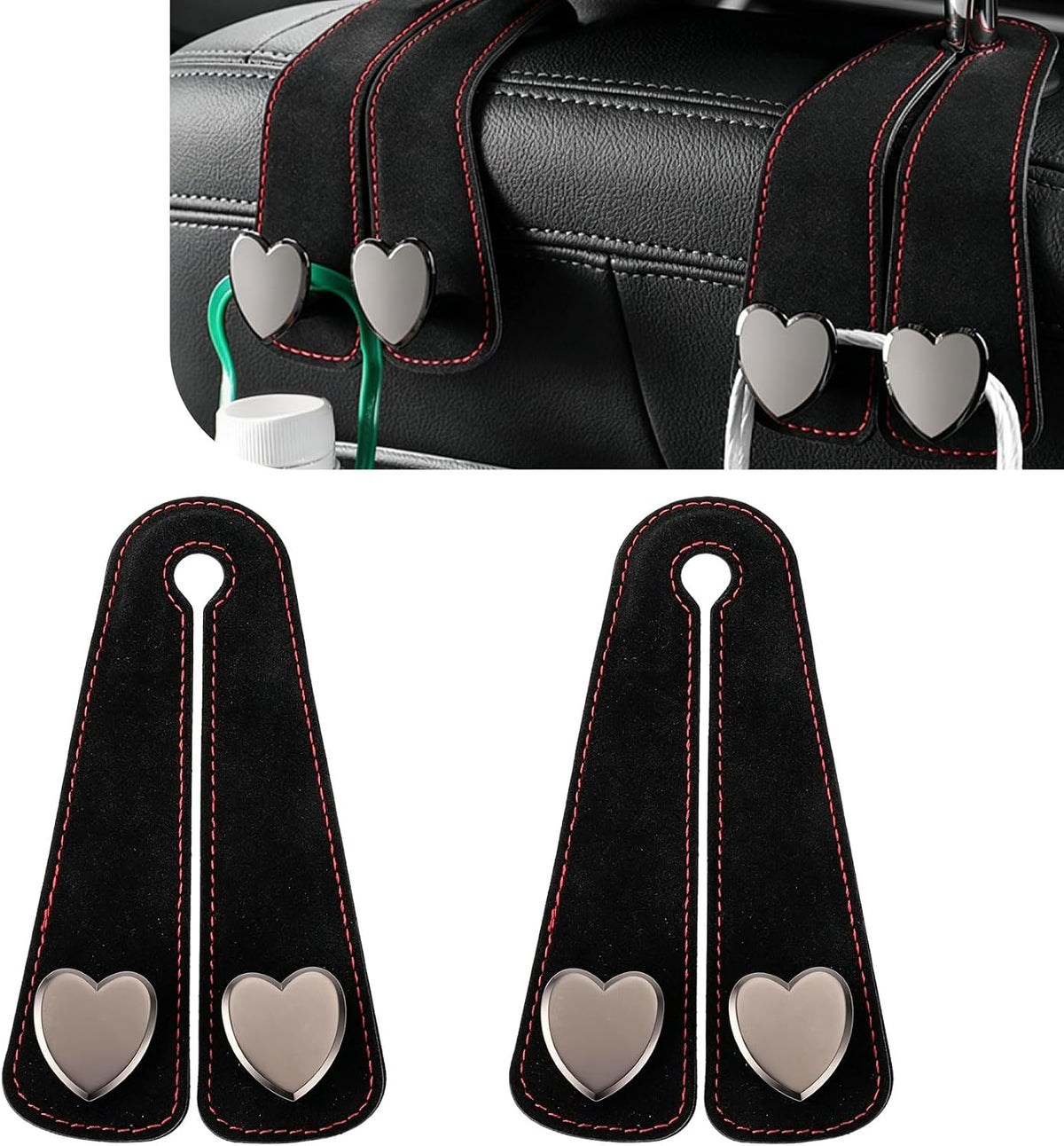 2PCS Car Seat Headrest Hook, Car Purse Holder, Suede Heart-Shaped Double Hooks Headrest Organizer, Heavy-Duty Multi-Functional Automotive Back Seat Phone Holder Universal for Most Vehicles