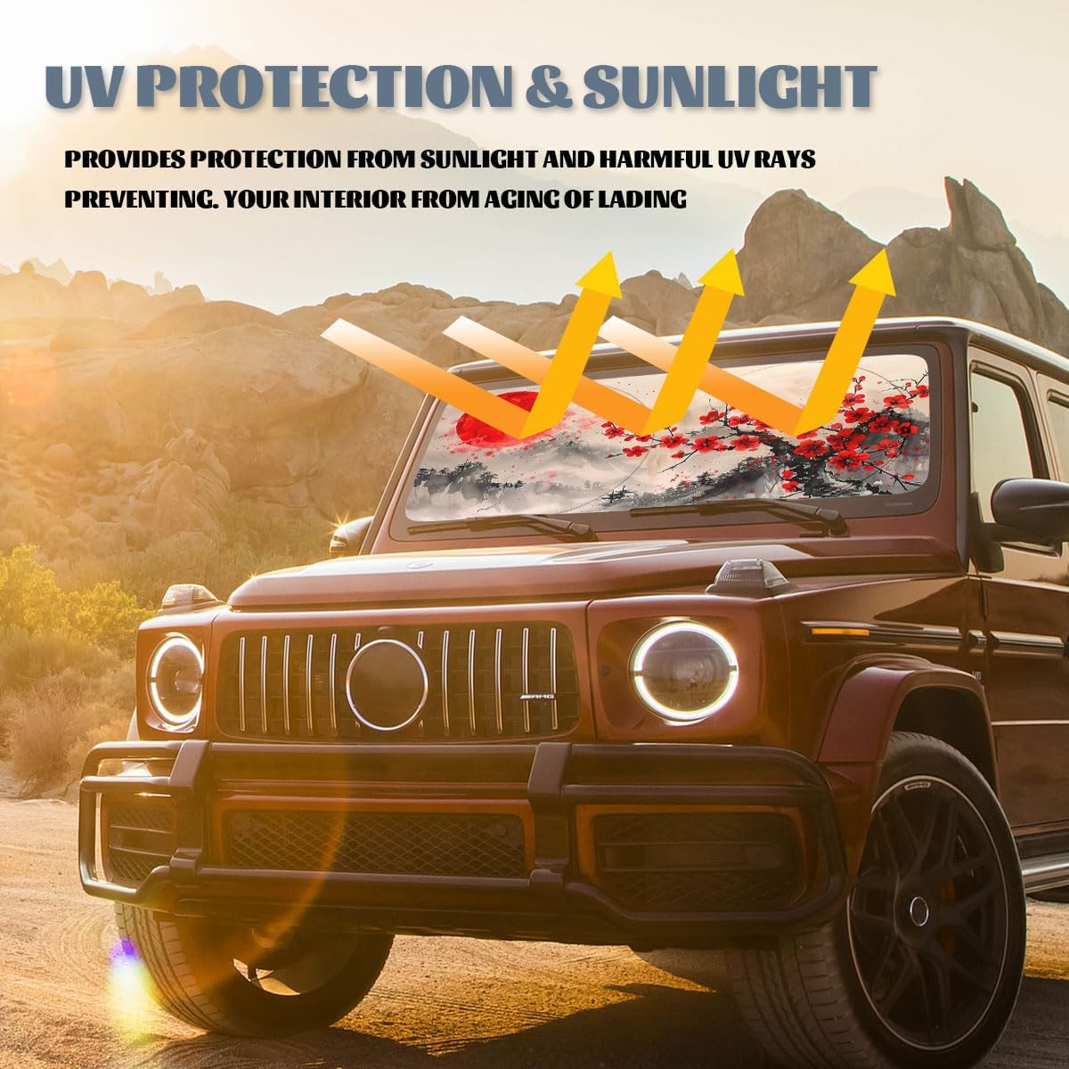 Japanese Cherry Blossoms Car Windshield Sunshade - Folding Red Sun Heatshield Front Window Sun Shade Visor Protector for Sedan, Truck, SUV - 59" L x 31.5" W