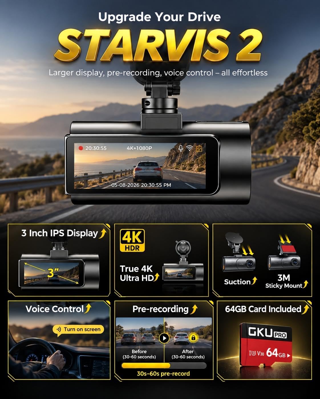GKU 4K Dash Cam Front and Rear, STARVIS 2 Sensor, Free 64GB Card Included