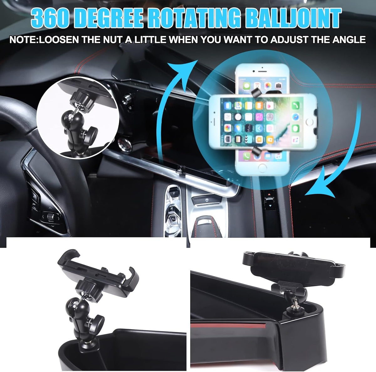 for Corvette C8 Center Console Tray Phone Holder Mount Organizer,360 Degree Rotatable Phone Holder Stand Navigation Screen Rear Storage Box Organizer Tray for Corvette C8 2020-2024 2025 (D)