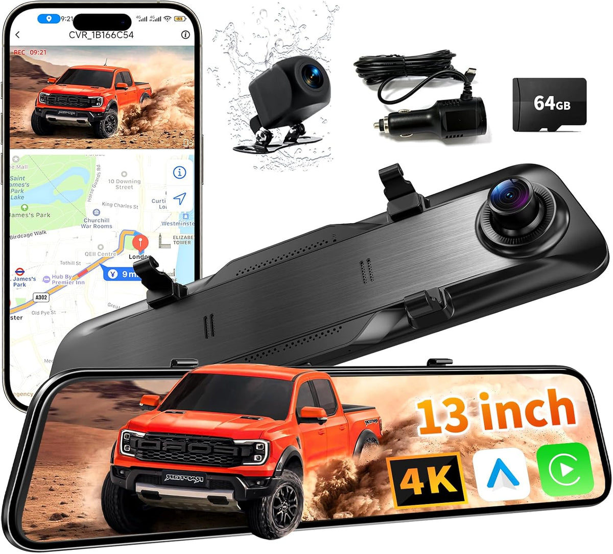 2026 Ultrawide 13’’ 4K Rear View Mirror Camera with Carplay&Android Auto