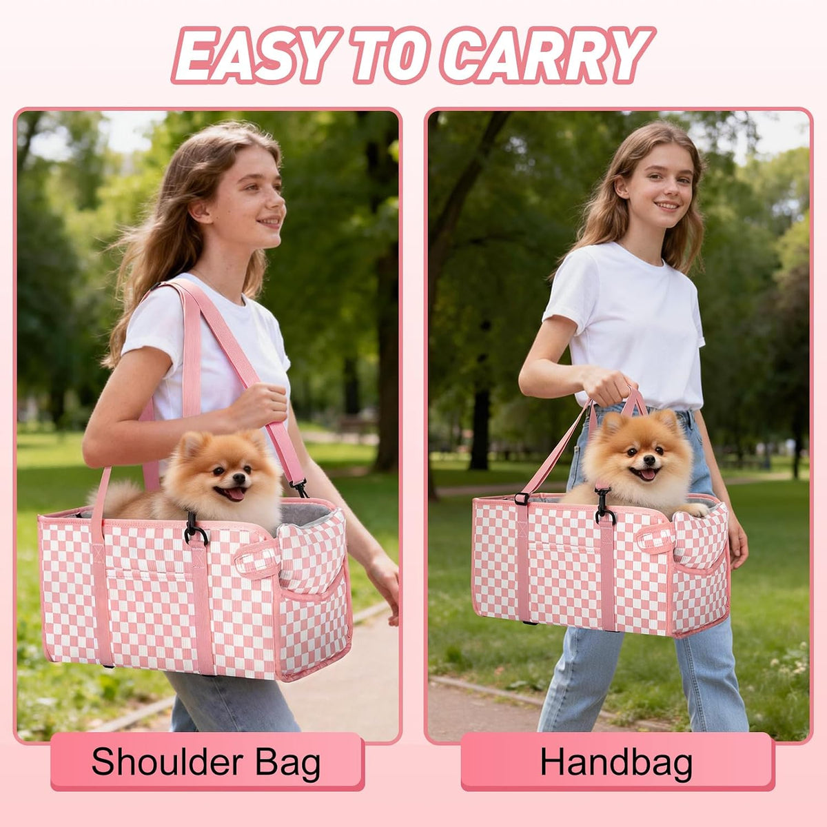 Console Dog Car Seat - Portable Dogs Armrest Booster Seat for Small Dog, Foldable Pet Car Seat with Safety Belt, Pink Checkered