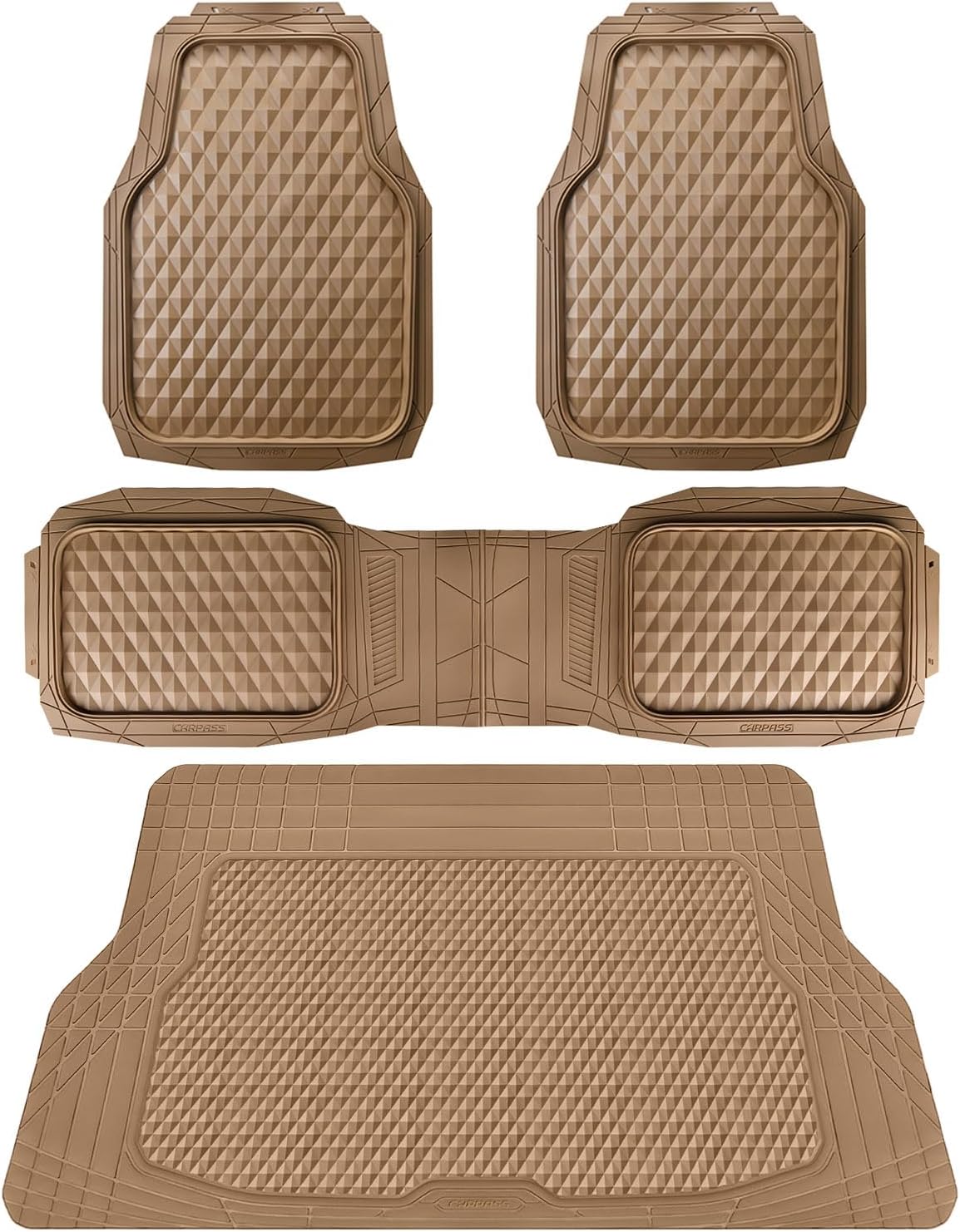 CAR PASS Heavy Duty Rubber Beige Car Floor Mats & Cargo Liners, Deep Dish All-Weather Trunk Mats Durable Anti-Slip 3D Rhombus Waterproof Trim to Fit Liner Universal Fit Auto,Sedan,SUV,Truck, Beige
