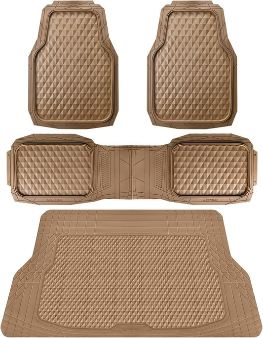 CAR PASS Heavy Duty Rubber Beige Car Floor Mats & Cargo Liners, Deep Dish All-Weather Trunk Mats Durable Anti-Slip 3D Rhombus Waterproof Trim to Fit Liner Universal Fit Auto,Sedan,SUV,Truck, Beige
