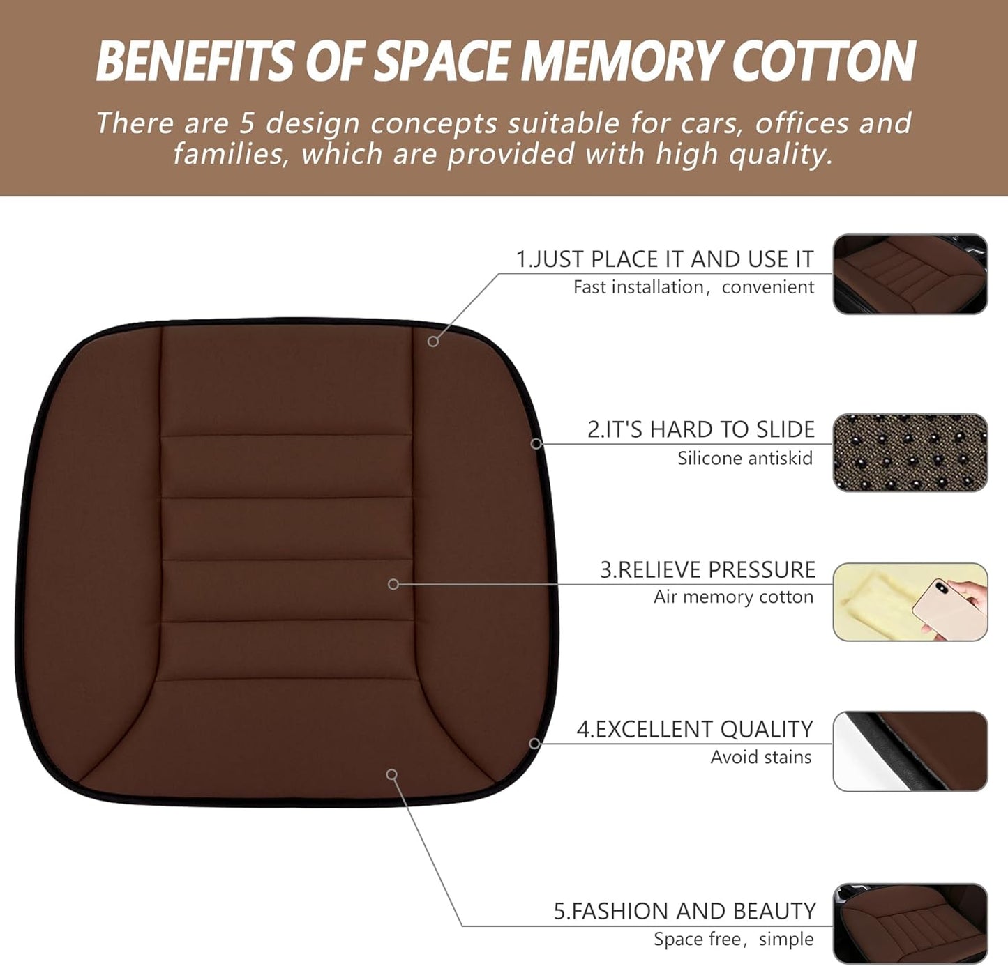 MYFAMIREA Car Seat Cushion Pad 1.2" Thick Comfort Protector for Car Driver Seat Office Chair Home Use Memory Foam Cushion with Non Slip Bottom, 20'' x 18.5'', Coffee
