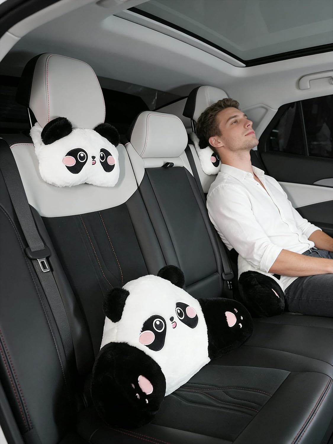 Cute Panda Car Pillow – Plush Neck Support & Lumbar Cushion, Soft Rabbit Fur Material for Headrest & Back Seat Comfort(Set of 2)