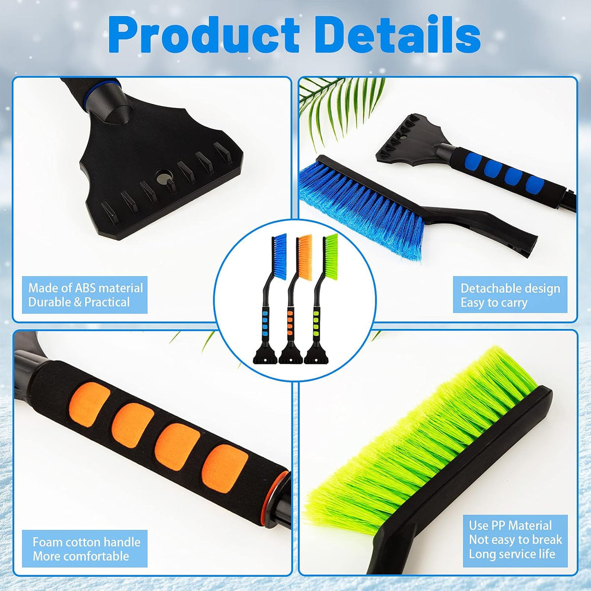 Nuenen 3 Pcs Snow Brush and Ice Scrapers for Car Detachable with Foam Grip Detachable Bristle Snow Mover Ice Scraper No Scratch for Winter Cars Windshield Trucks SUV, Green Orange Blue