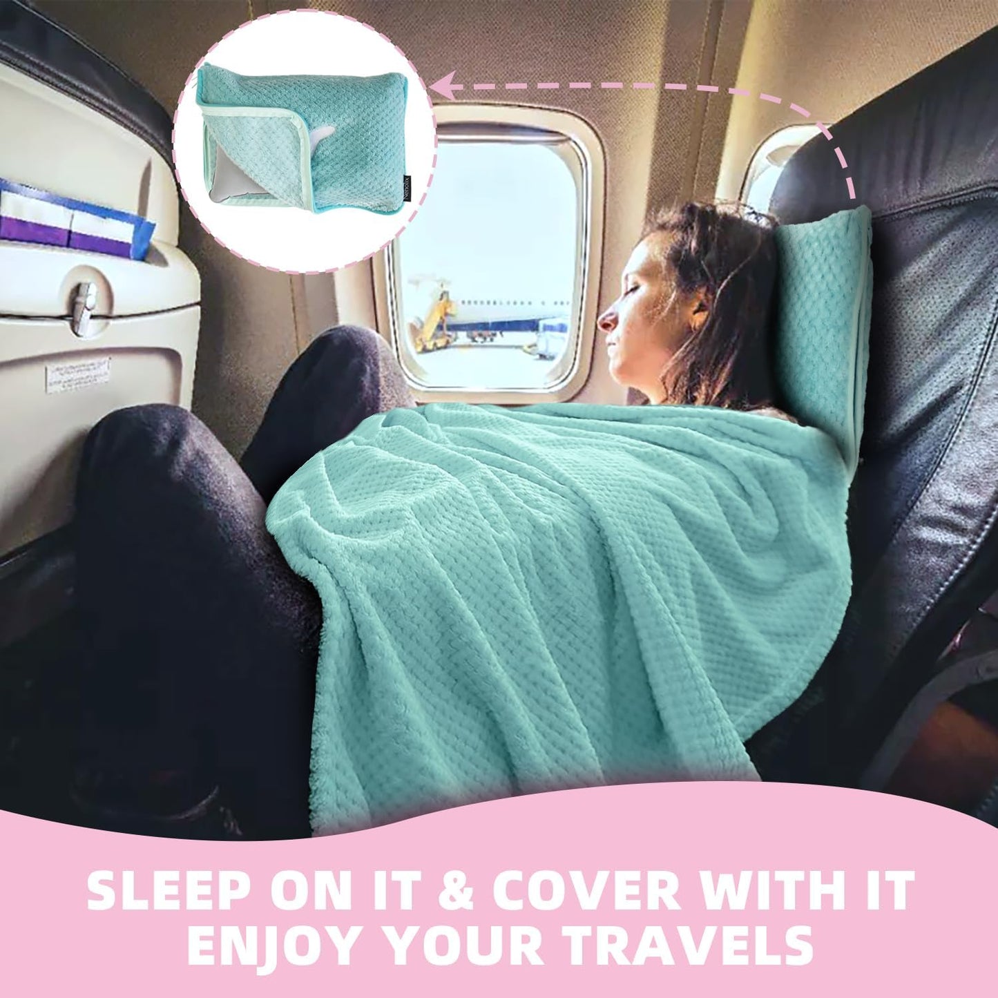 3 in 1 Travel Blanket Pillow Set - 350 GSM Thick Travel Blanket Airplane Compact with Bag, Soft Bag with a Pocket, Inflatable Travel Pillow for Camping & Car Trip(Mint Green)