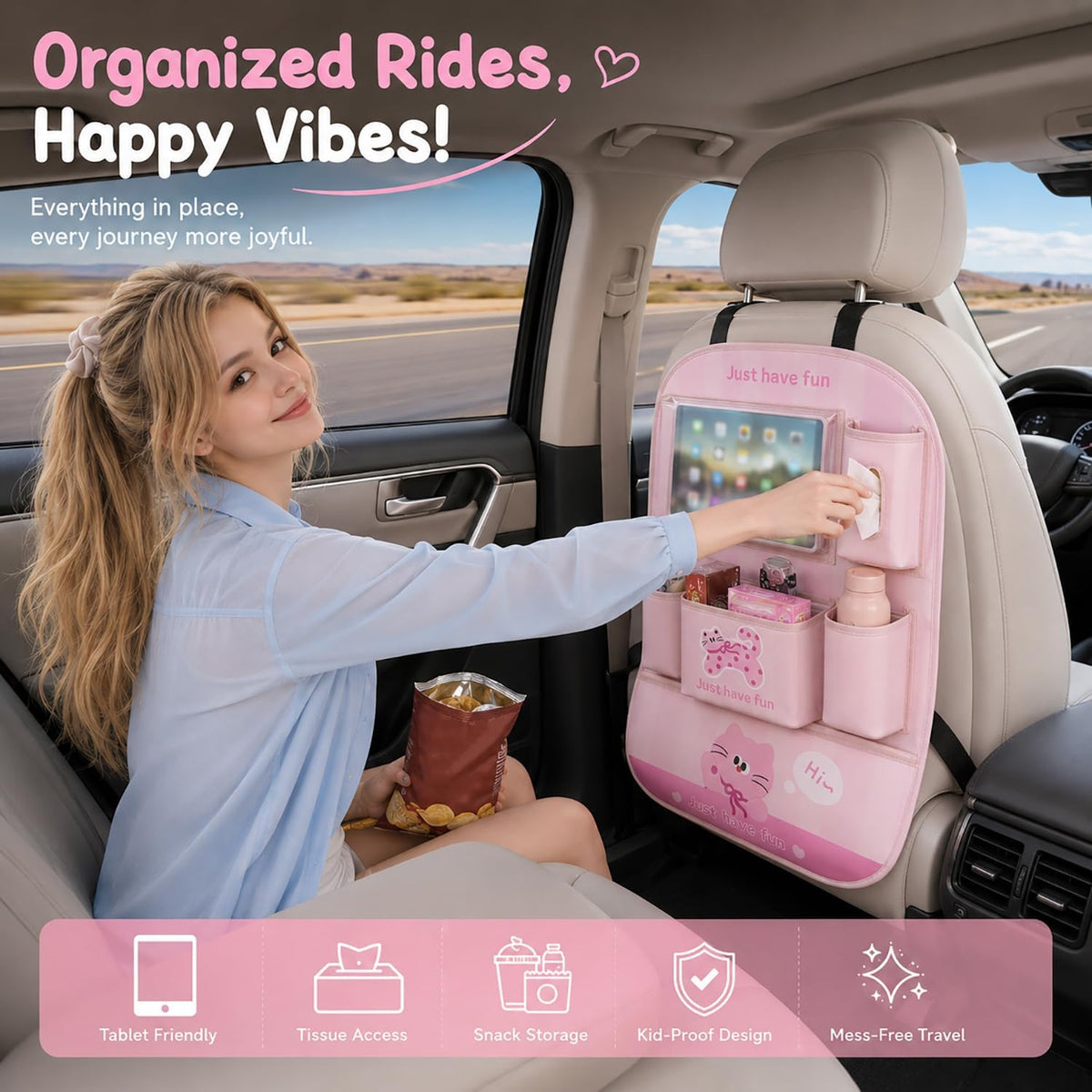 YUNZLAN Leather Backseat Car Organizer, Kick Mats Back Seat Protector with Touch Screen Tablet Holder Back Seat Organizer for Kids with 4 Storage Pockets Travel Accessories (PinkPinkCat)