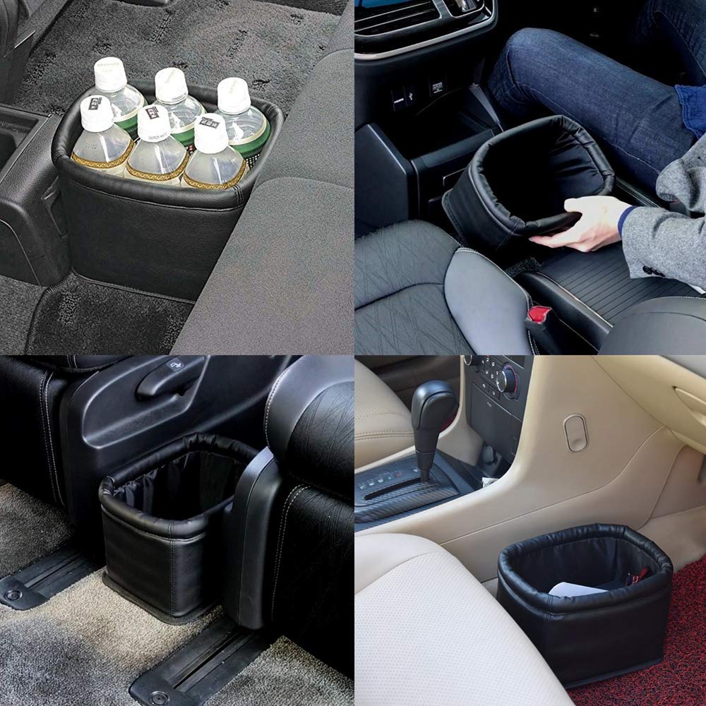 Leather Car Trash Can, Luxury Car Organizer, Leakproof Garbage Can for Car and Trucks, Black