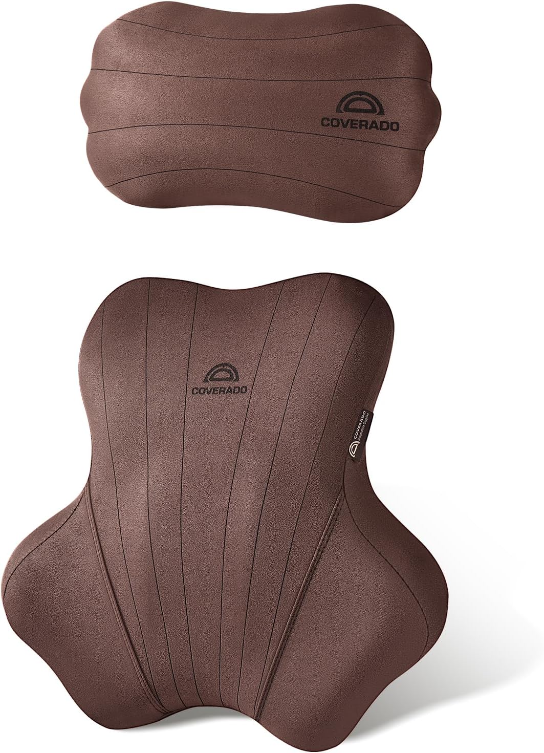 Coverado Car Lumbar Support Pillow and Car Neck Pillow Kit, Ergonomic Design Car Headrest Pillow for Driving, Relax Back Head Muscles Relieve Driving Fatigue, Breathable & Removable Cover, Coffee