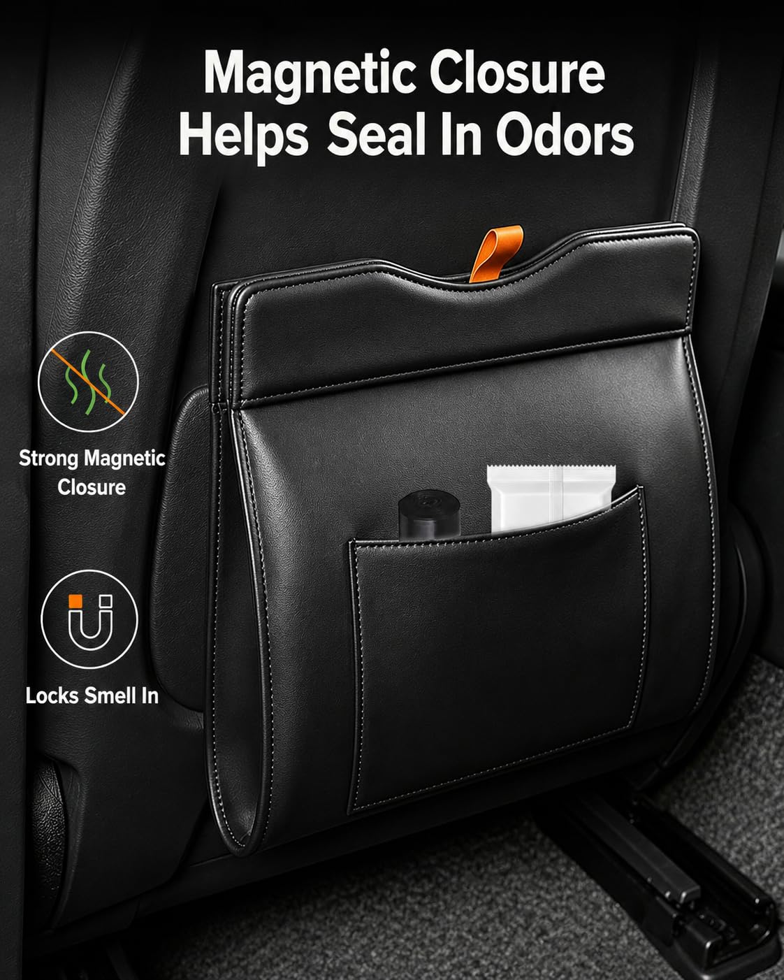 COZILO Leather Car Trash Can, Leak-Proof Odor-Lock Car Garbage Can with 60 Liners, Magnetic Closure & Liner-Hold, Storage Pocket, Metal Hooks, Hanging Car Trash Bin for SUV Sedan Truck, Black