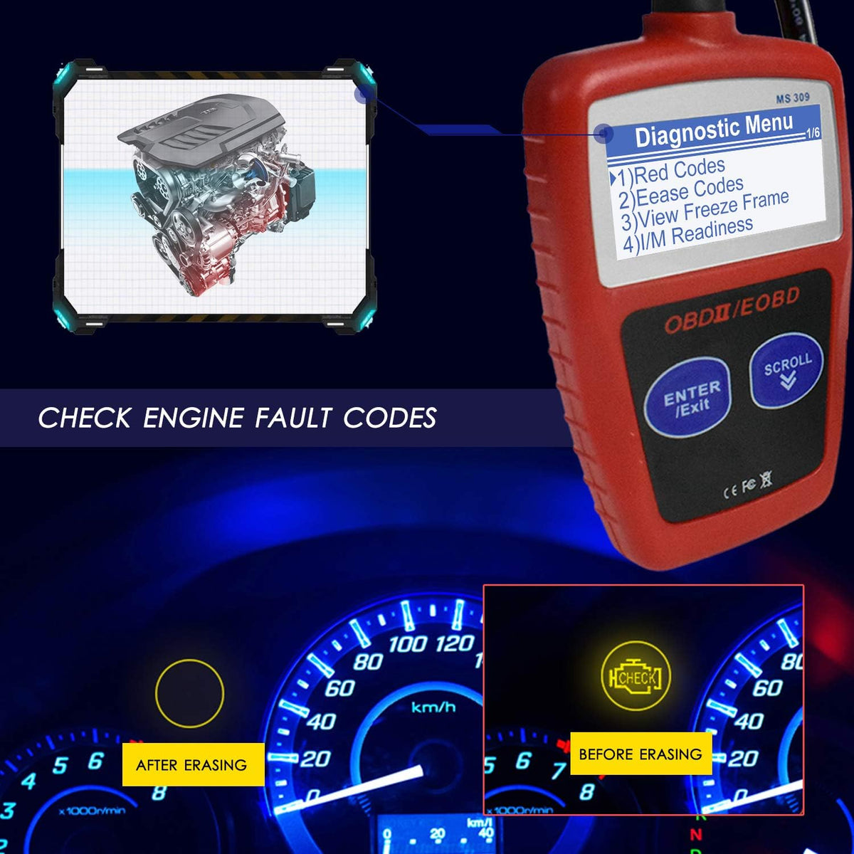 MS309 OBD2 Scanner Check Car Engine Light Fault Code Reader, Universal OBDII Diagnostic Scan Tool Read Clear Trouble Codes, View Freeze Frame Data, OBDII CAN Diagnostic Scan Tool