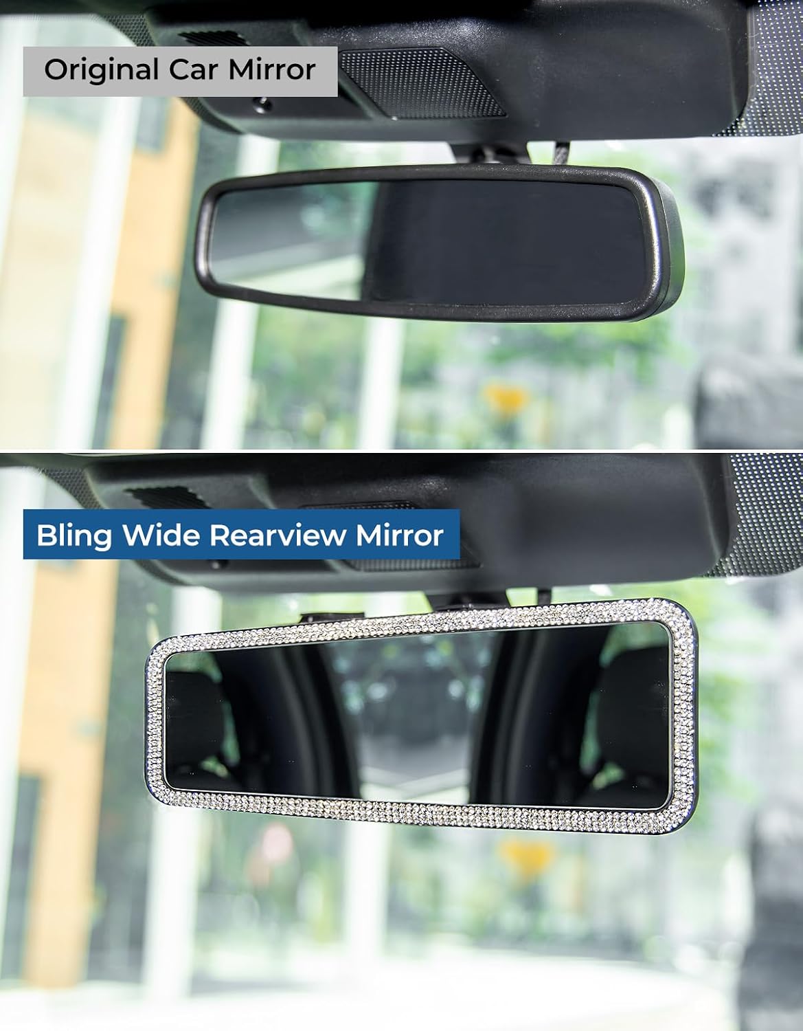 JOYTUTUS Rear View Mirror, Universal 12 Inch Panoramic Rearview Accessories with Bling Rhinestones Crystal Diamonds Edge, Interior Clip-on Wide Angle Rear View Mirror -White